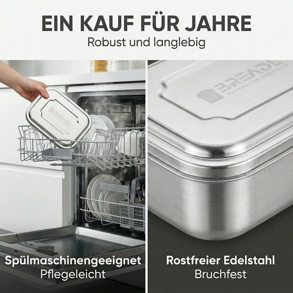 Brotdose mit 3 Fächern, spülmaschinengeeignet, 1000ml / 3 Fächer Edelstahl