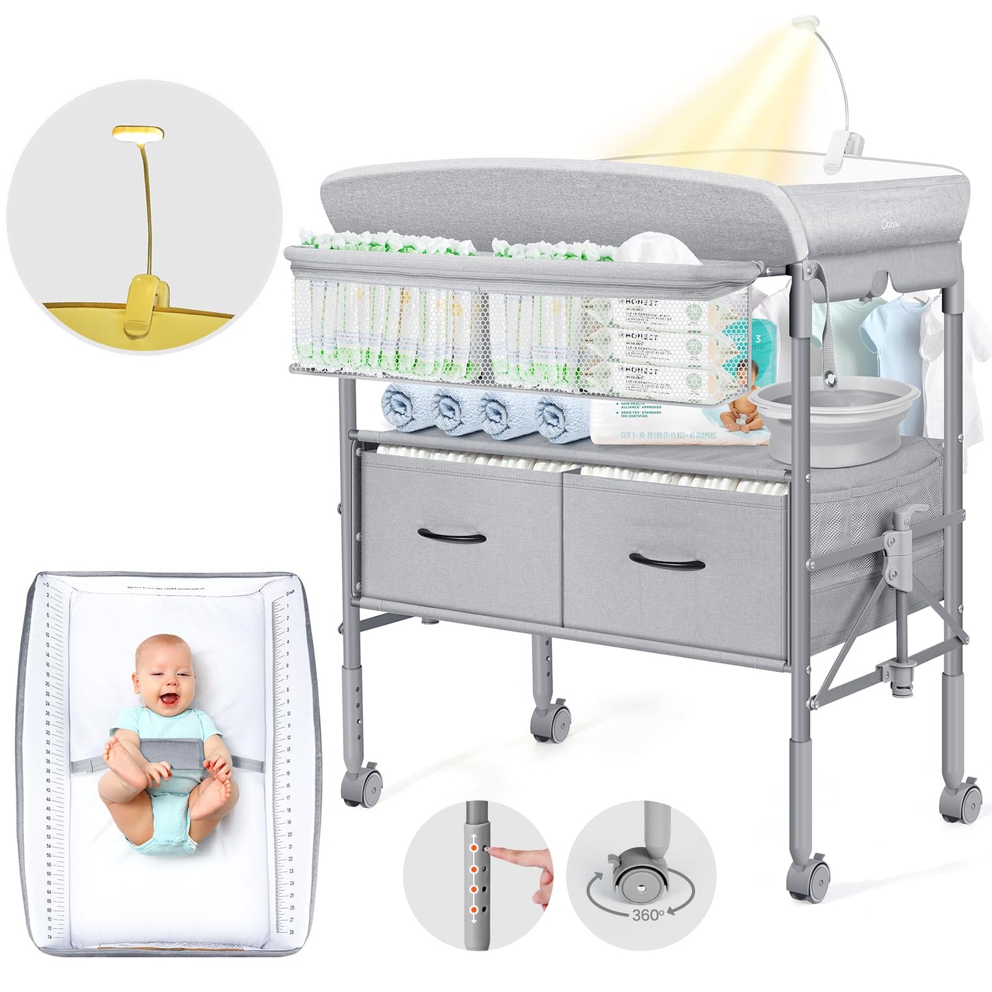 Höhenverstellbarer Baby-Wickeltisch mit Schubladen, Grau mit Schubladen