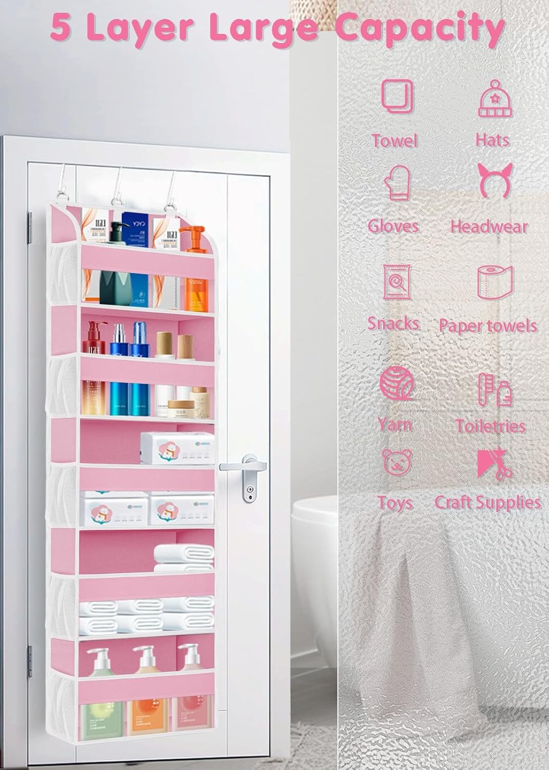 Tür-Organizer mit 5 Taschen und 10 Netztaschen, 1 Stück Rosa