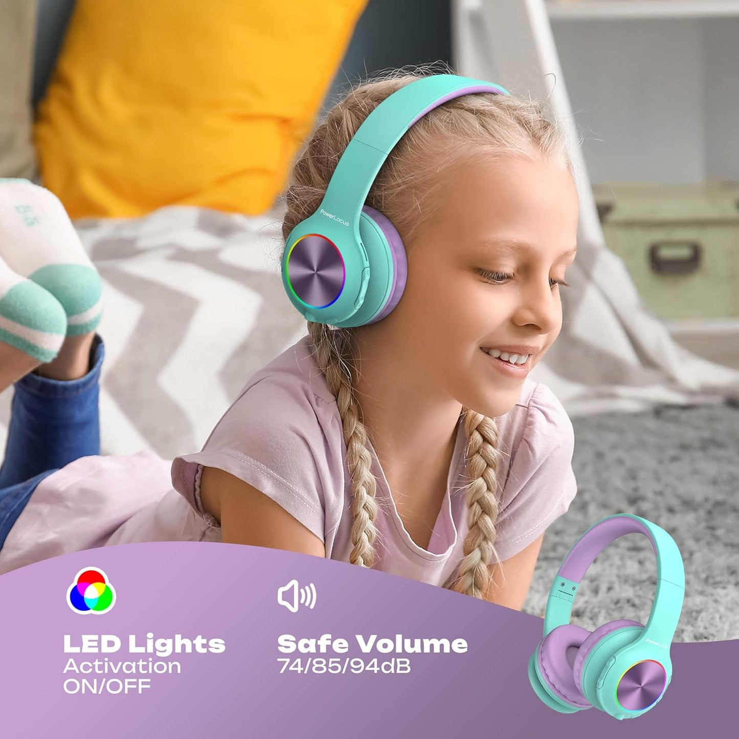 Bluetooth Kinderkopfhörer mit LED, Teal/Purple