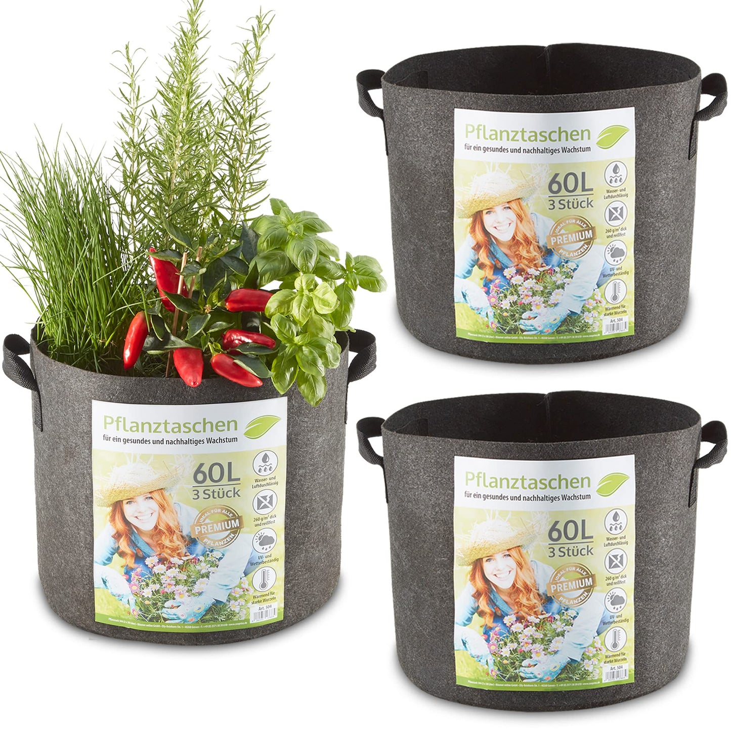 Pflanztaschen Set aus Vlies, 3 Stück x 60 Liter