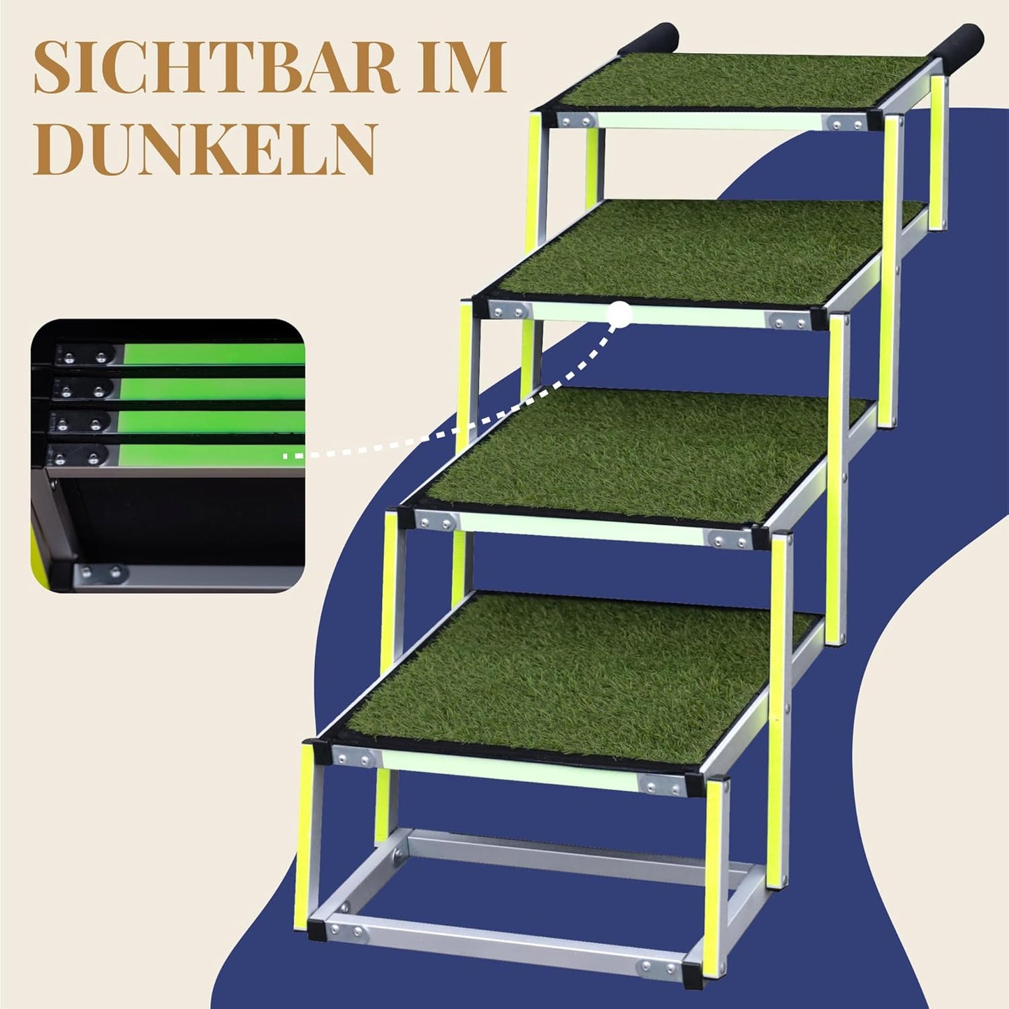 Faltbare Hundetreppe mit Antirutsch Kunstrasen Einsatz, bis 77kg, 4 Grass
