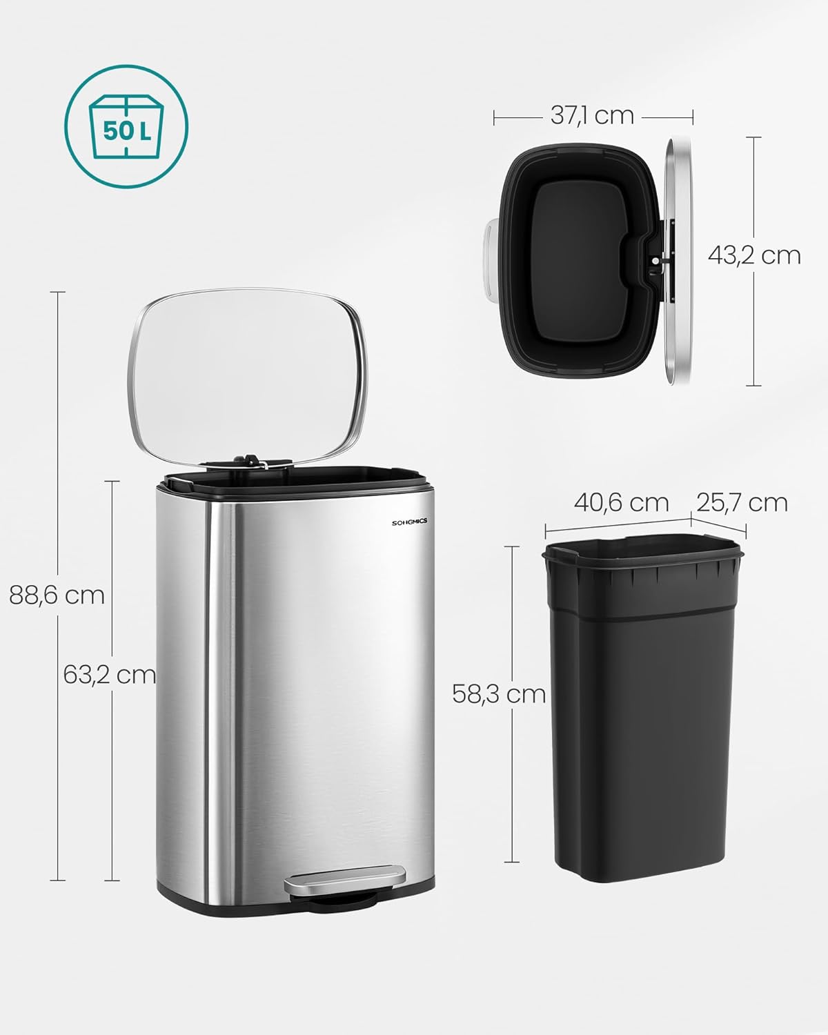 Treteimer Miao mit Softclose-Deckel und Inneneimer, Silbern