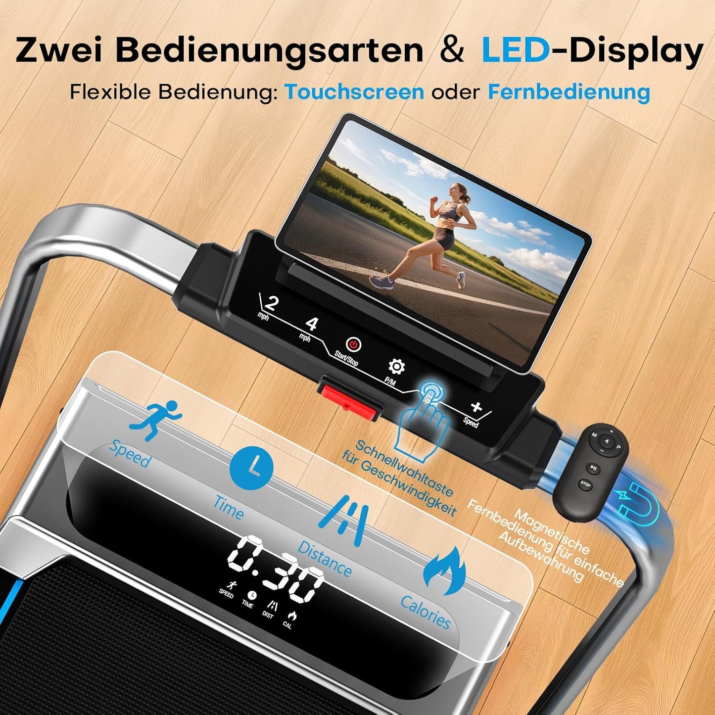 5-in-1 klappbares Laufband mit Steigung und App, Silber blau