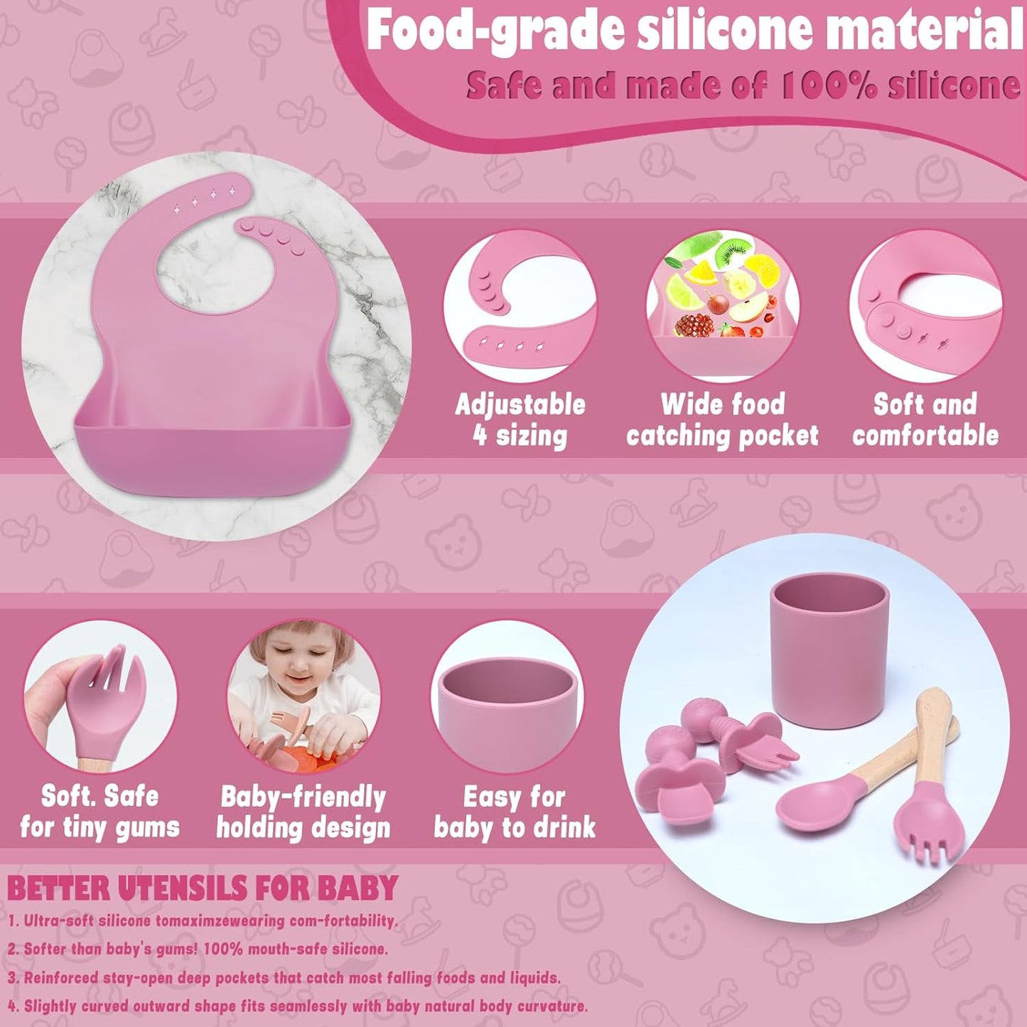 11-teiliges Kindergeschirrset mit Saugnapf, Rosa