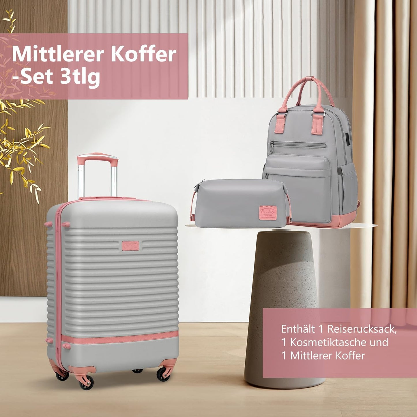 3-teiliges Hartschalen Trolley-Set mit Reiserucksack, Mittlerer Koffer-Set 3tlg Grau/Rosa
