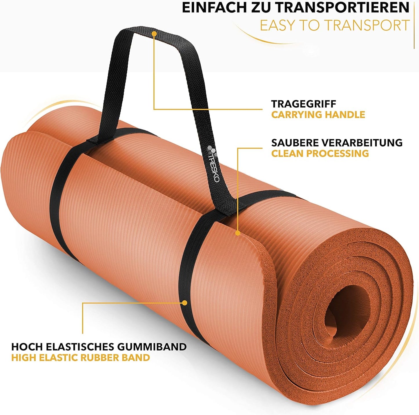 Rutschfeste Yogamatte mit Tragegurt, Orange 190 x 100 x 1,5 cm