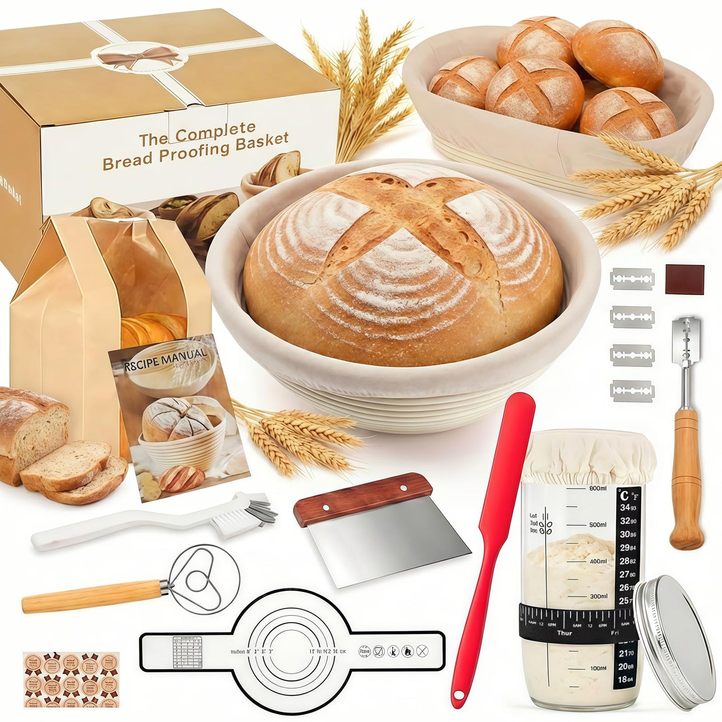 Gärkörbchen Starter Set, Rund+oval+sauerteig Glas