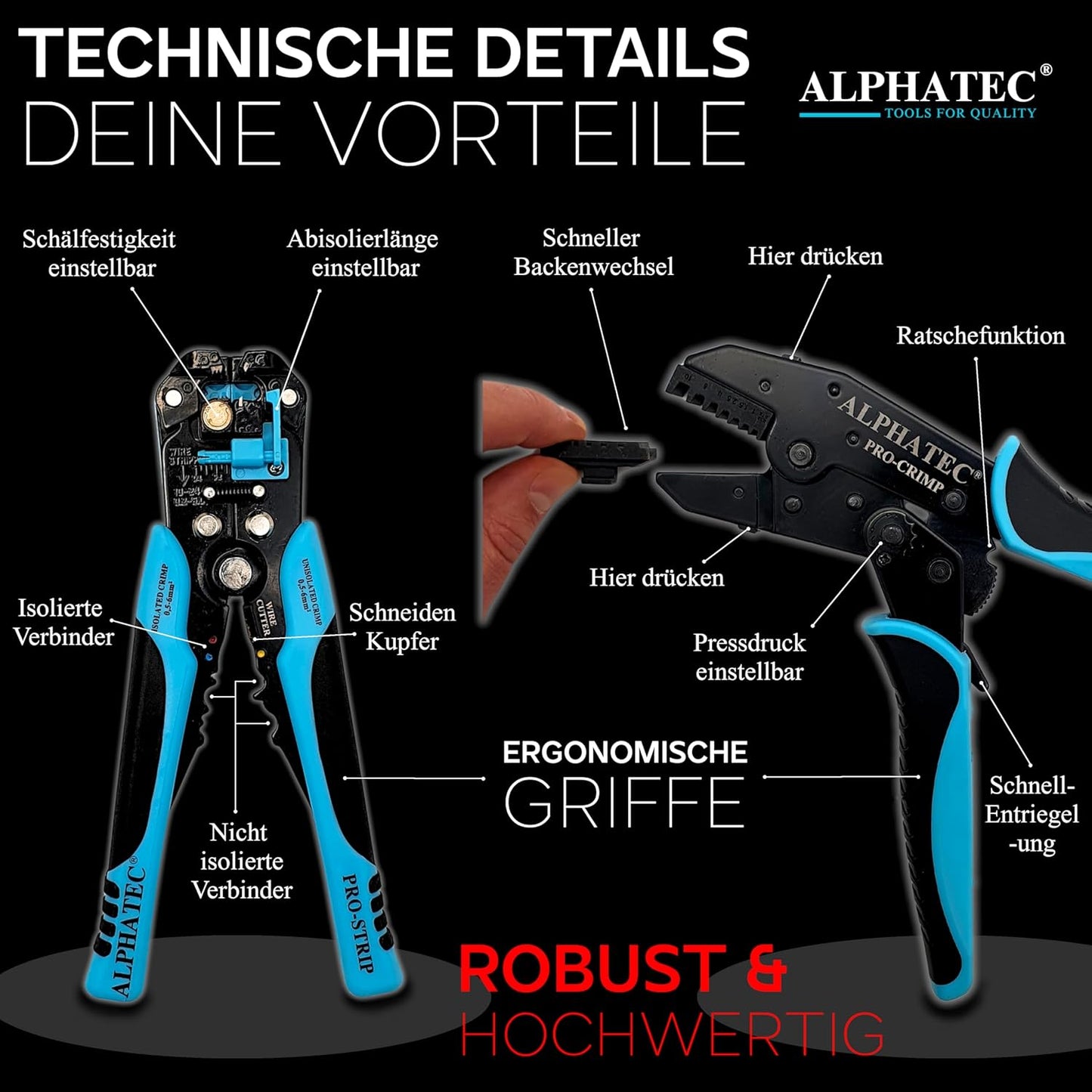Crimpzangenset mit Abisolierzange und 6 Wechselbacken