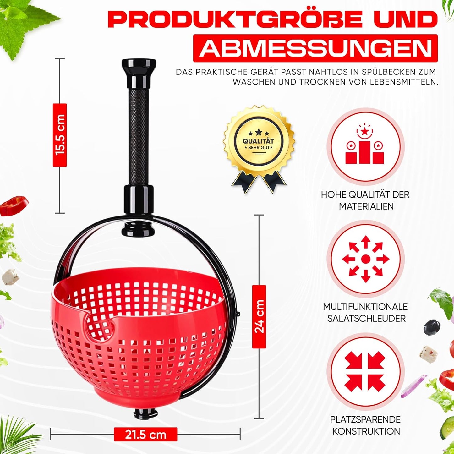 Salatschleuder mit praktischem Klappgriff, Rot