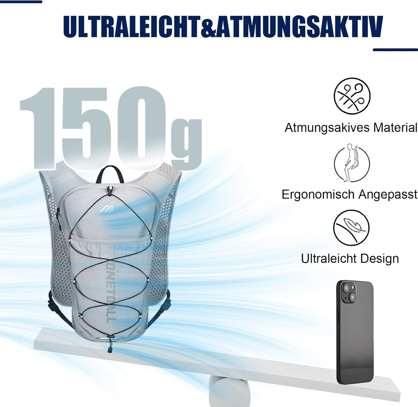 Laufweste mit Trinksystem (2L Blase, 500ml Flasche), hellgrau mit 2L Trinkblase