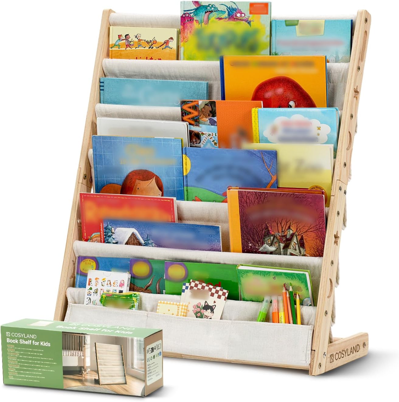 Bücherregal für Kinderzimmer mit sechs Stofffächern, Naturholzfarbe Large