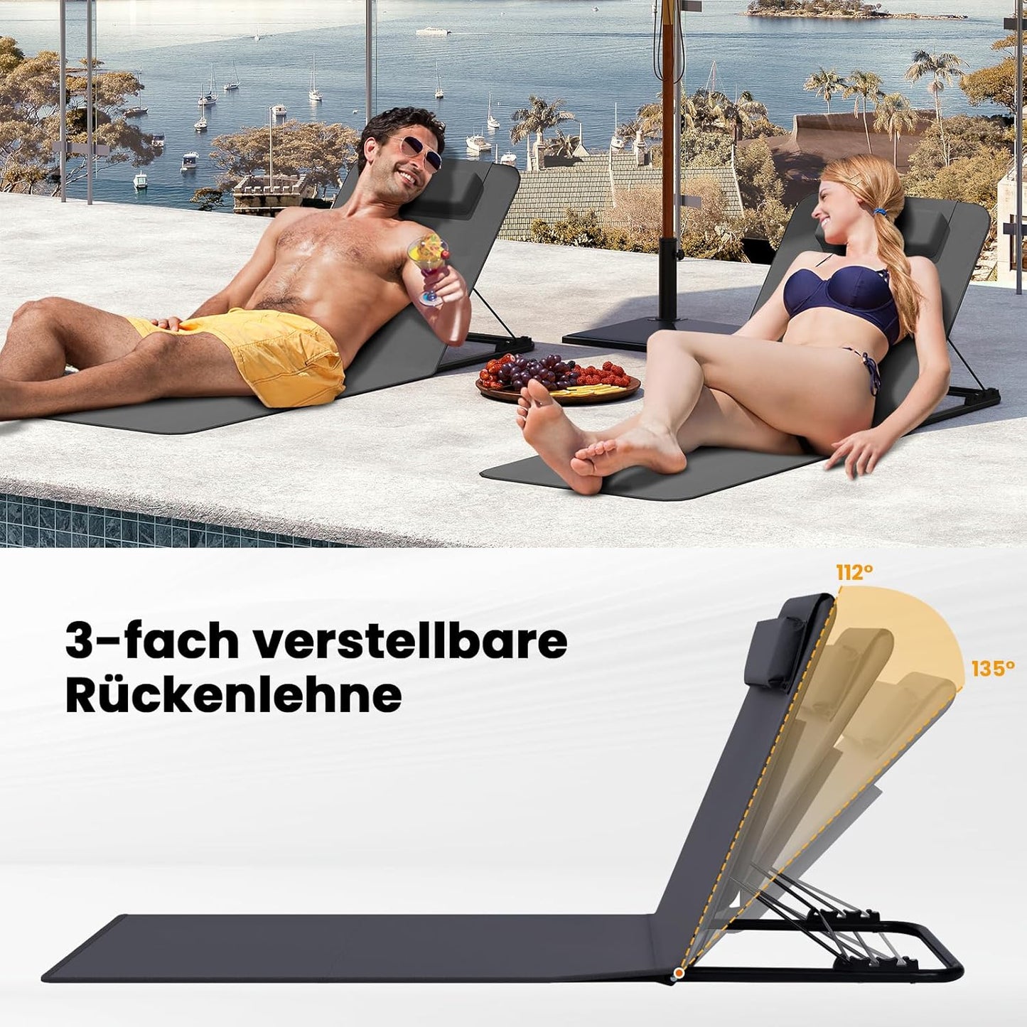 Strandmatte mit verstellbarer Rückenlehne, 1 Dunkelgrau