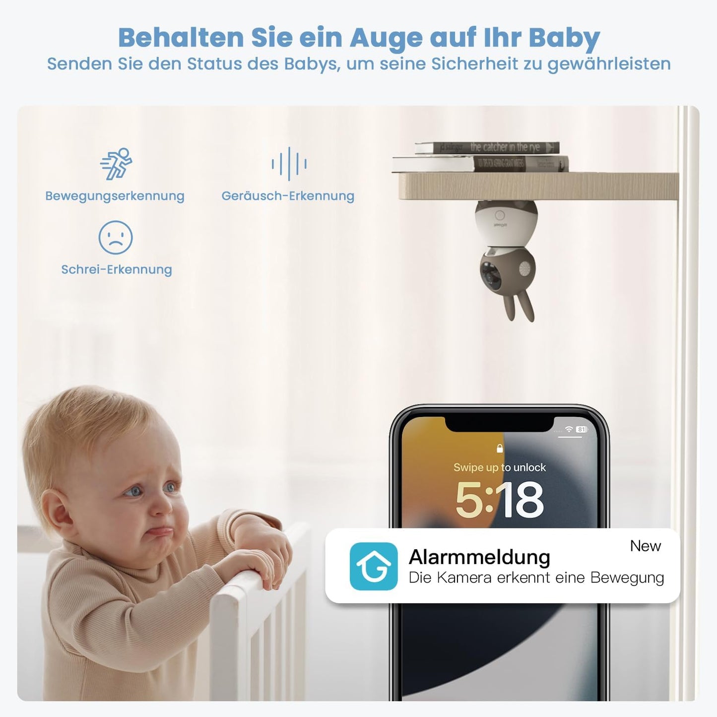 2K Video-Babyphone mit Kamera und App-Steuerung, Silbergrau