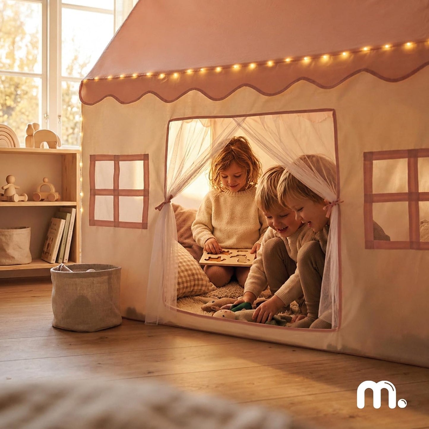 Spielzelt MAM251 Tipi House mit LED-Beleuchtung und Fenstern, Pink, Beige/Pink, Beige Abenteuer 95 × 125 × 130 cm