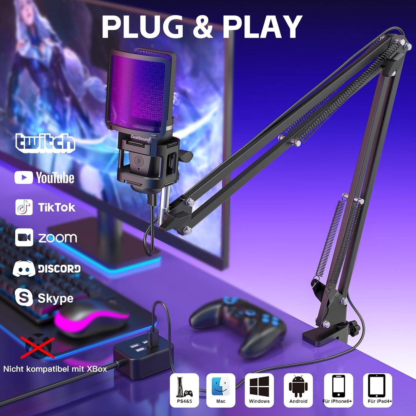USB Gaming Mikrofon A68S mit RGB/Mute & Ständer-Set, A68S + Stativ & Boom arm