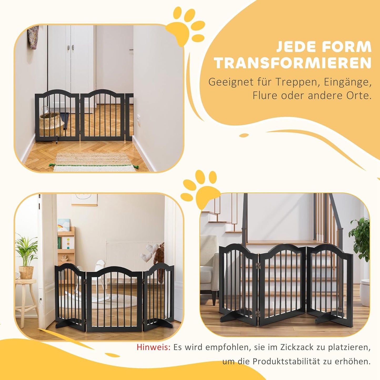 3-teiliges Schutzgitter mit zwei Stützfüssen, 154,5L x 29,5B x 61H cm Schwarz