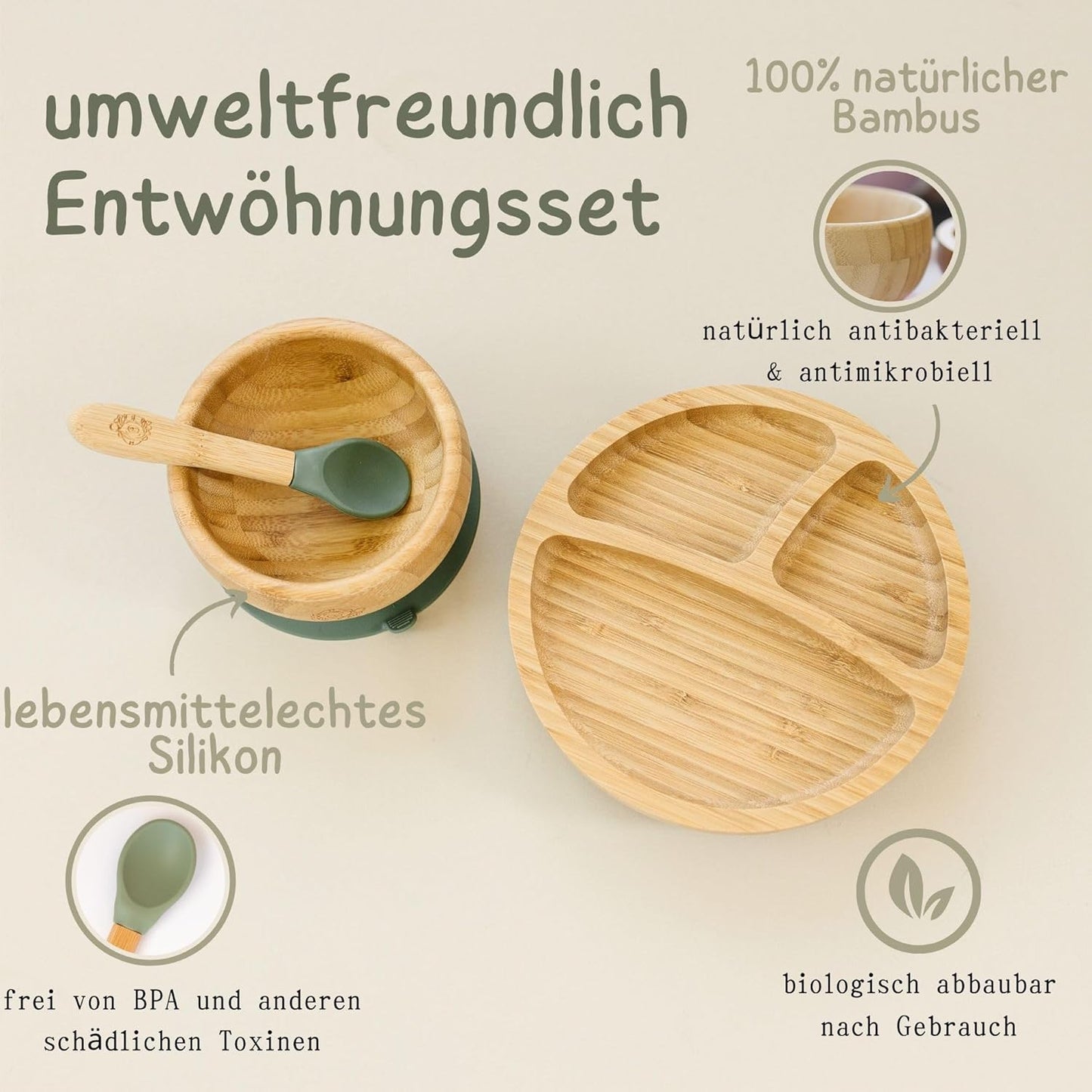 Baby Fütterungsset mit Saugnapf-Schüsseln und Löffel, Grün