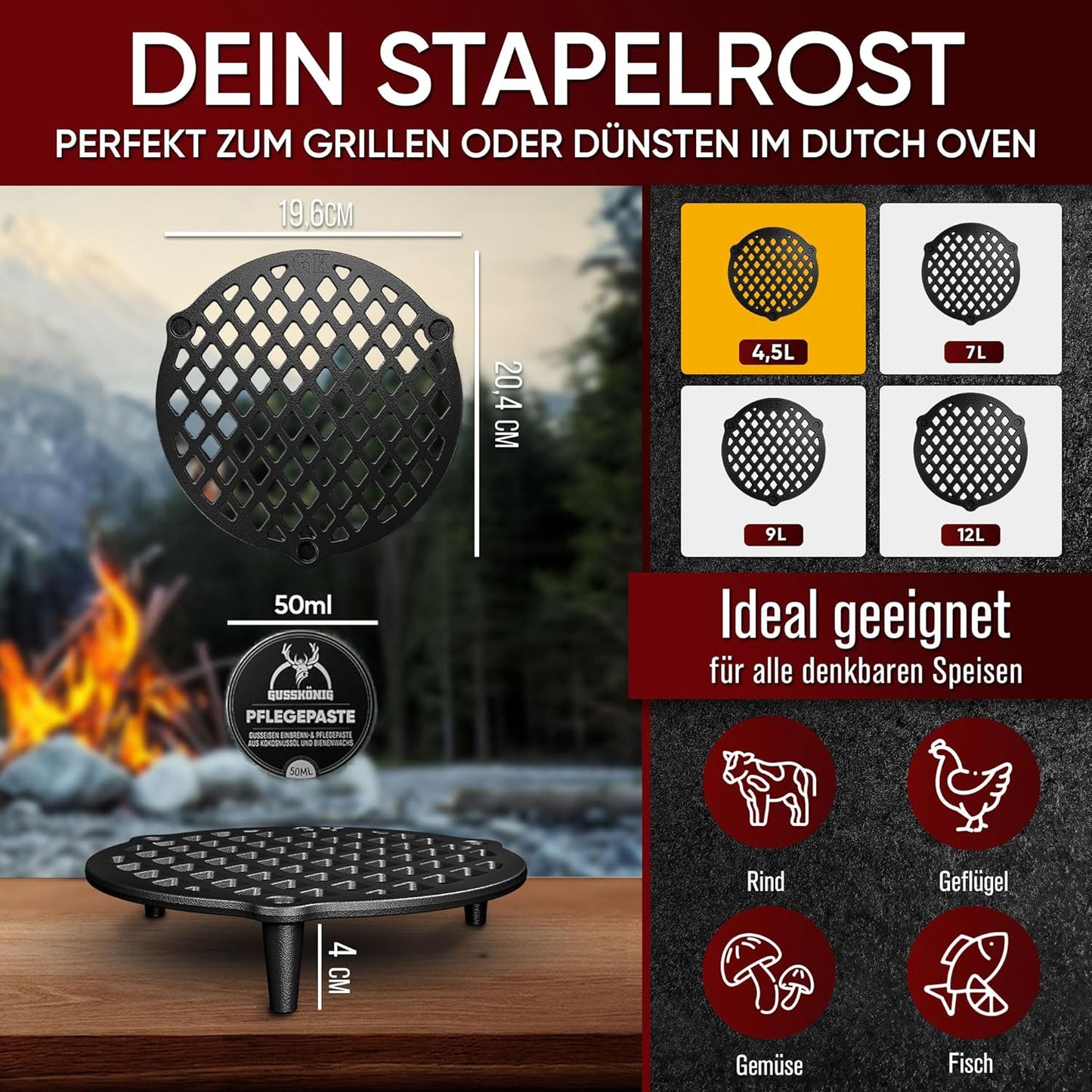 Stapelrost für Dutch Oven, Schwarz+pflegepaste Ø 20,4 cm | für 5 Liter Dutch Oven