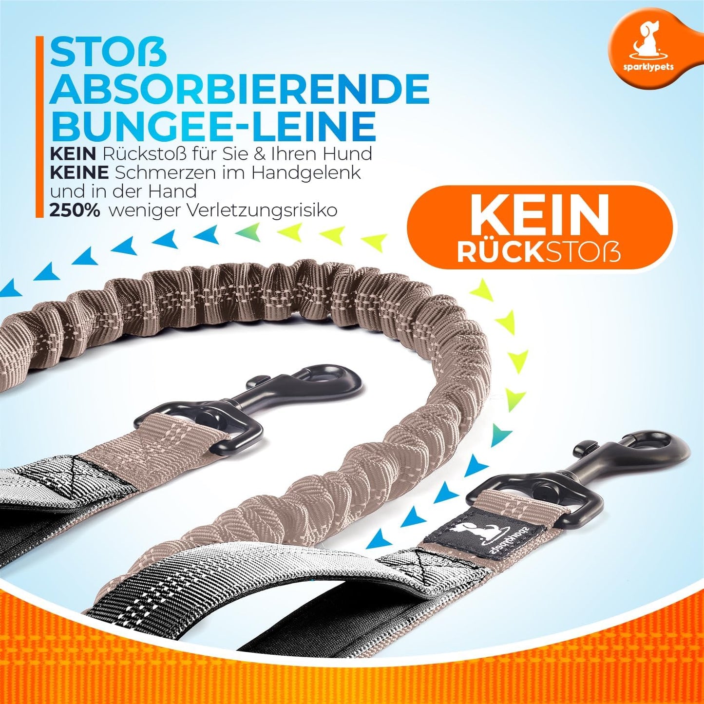2 in 1 Joggingleine für Hunde mit Doppelgriff, Stossdämpfer und Bauchgurt, Braun Für ein Hund