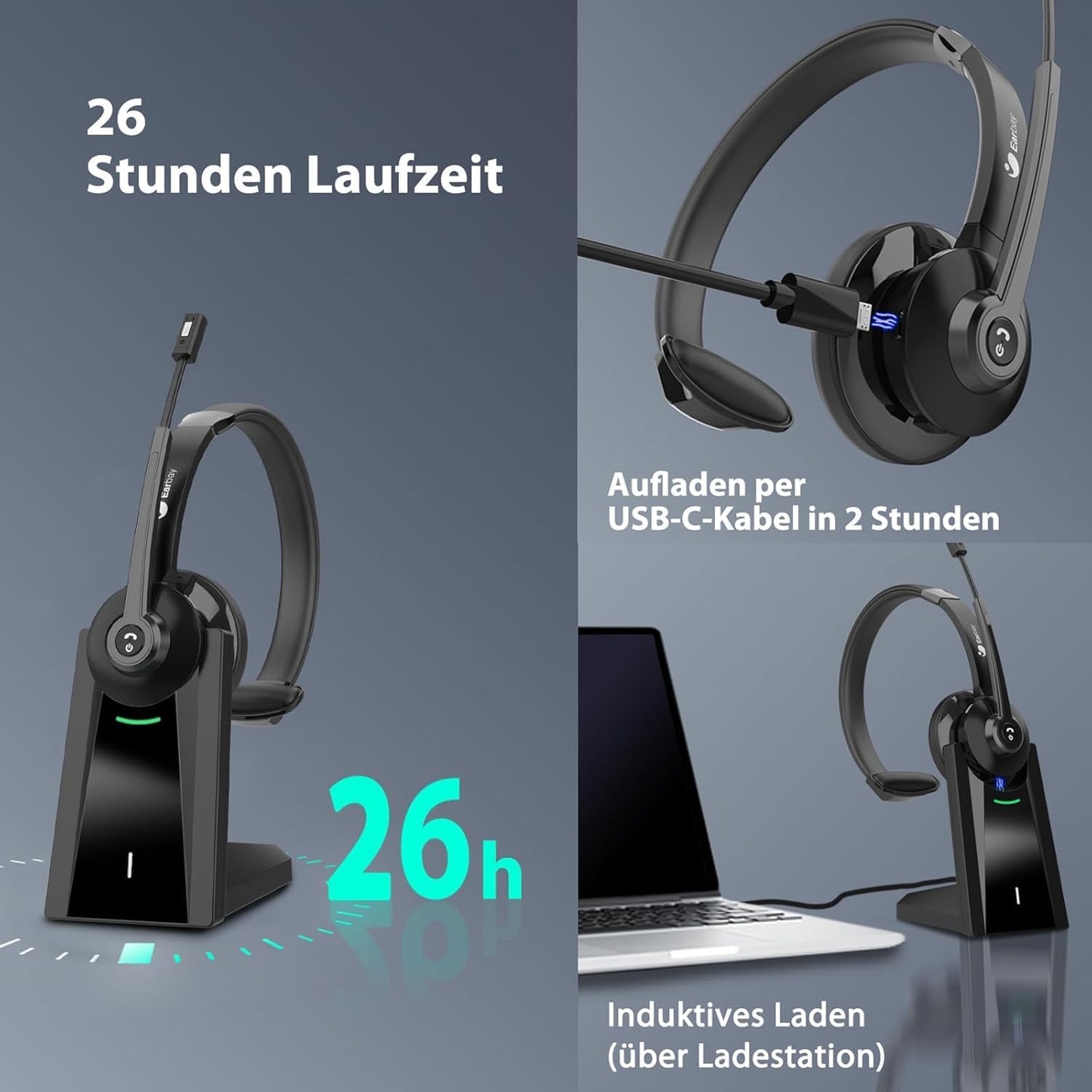Kabelloses Headset mit Mikrofon & USB-Dongle, Schwarz