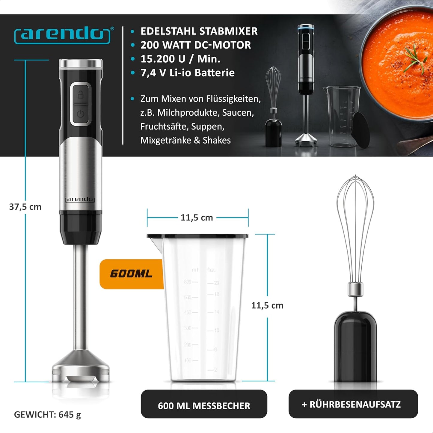Kabelloser Stabmixer mit Zubehör-Set, D: Kabellos
