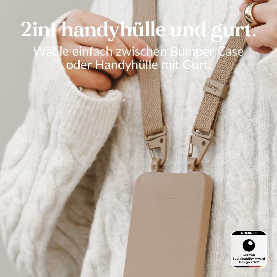 Nachhaltige iPhone 14 Plus Handykette mit Gurt, Taupe + Lanyard