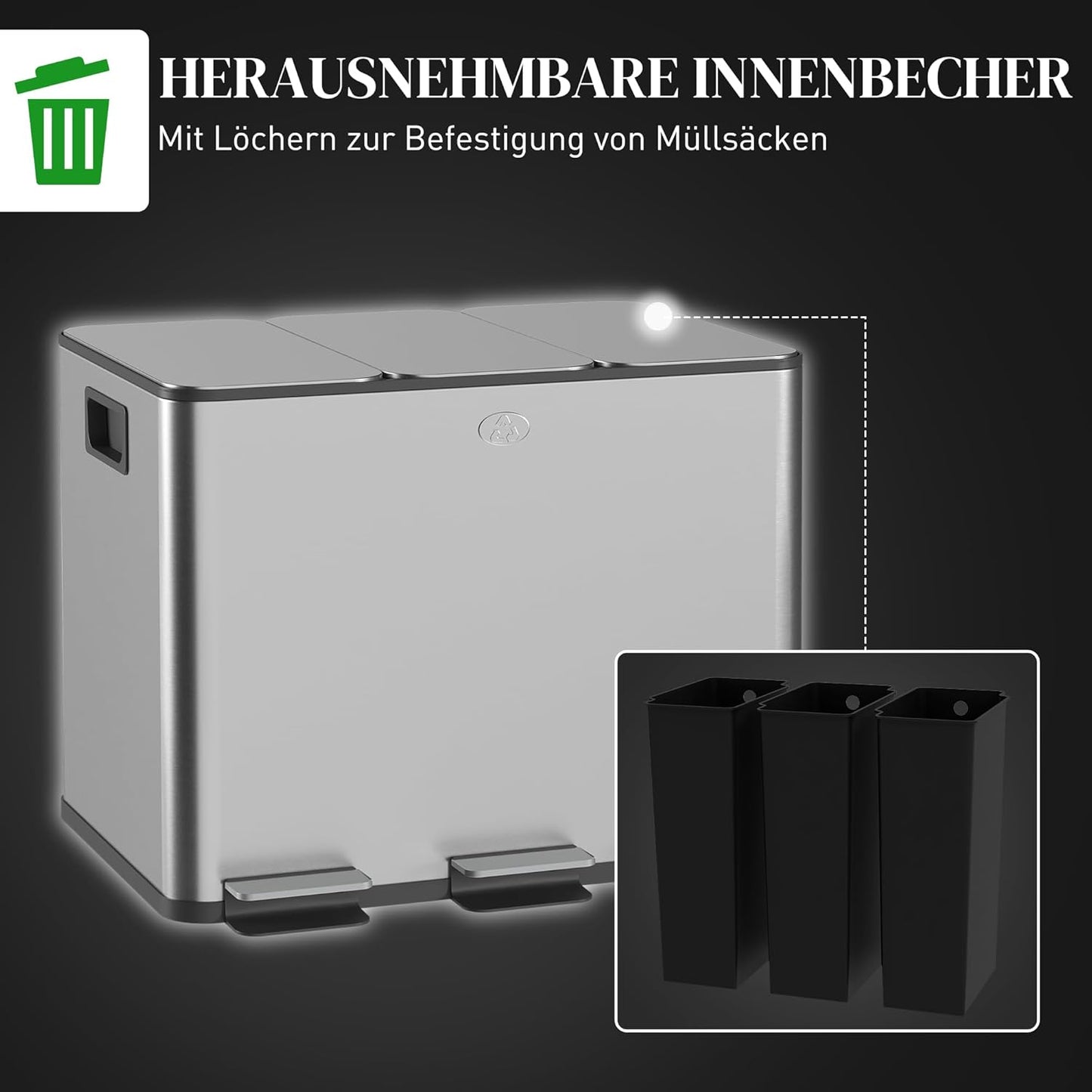 Mülltrennsystem mit Softclose Deckel, 3 x 20L Silber