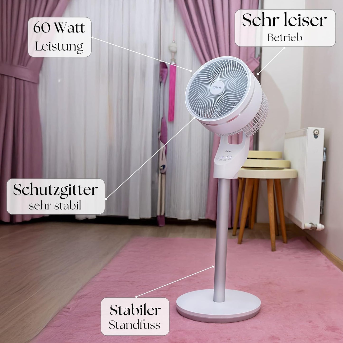 Leiser Standventilator mit Fernbedienung und Timer, Weiss mit Fb