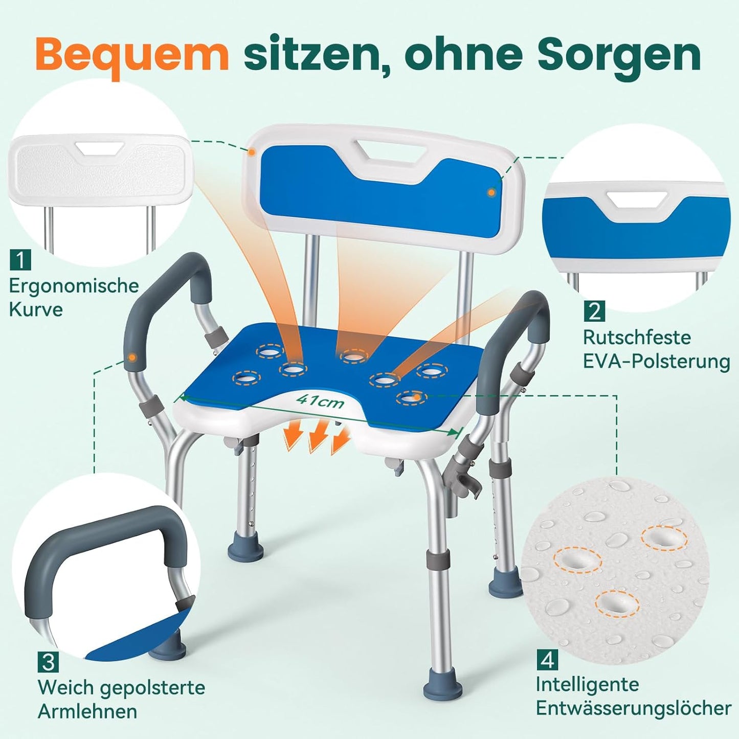 Höhenverstellbarer Duschstuhl mit Rückenlehne, LC03