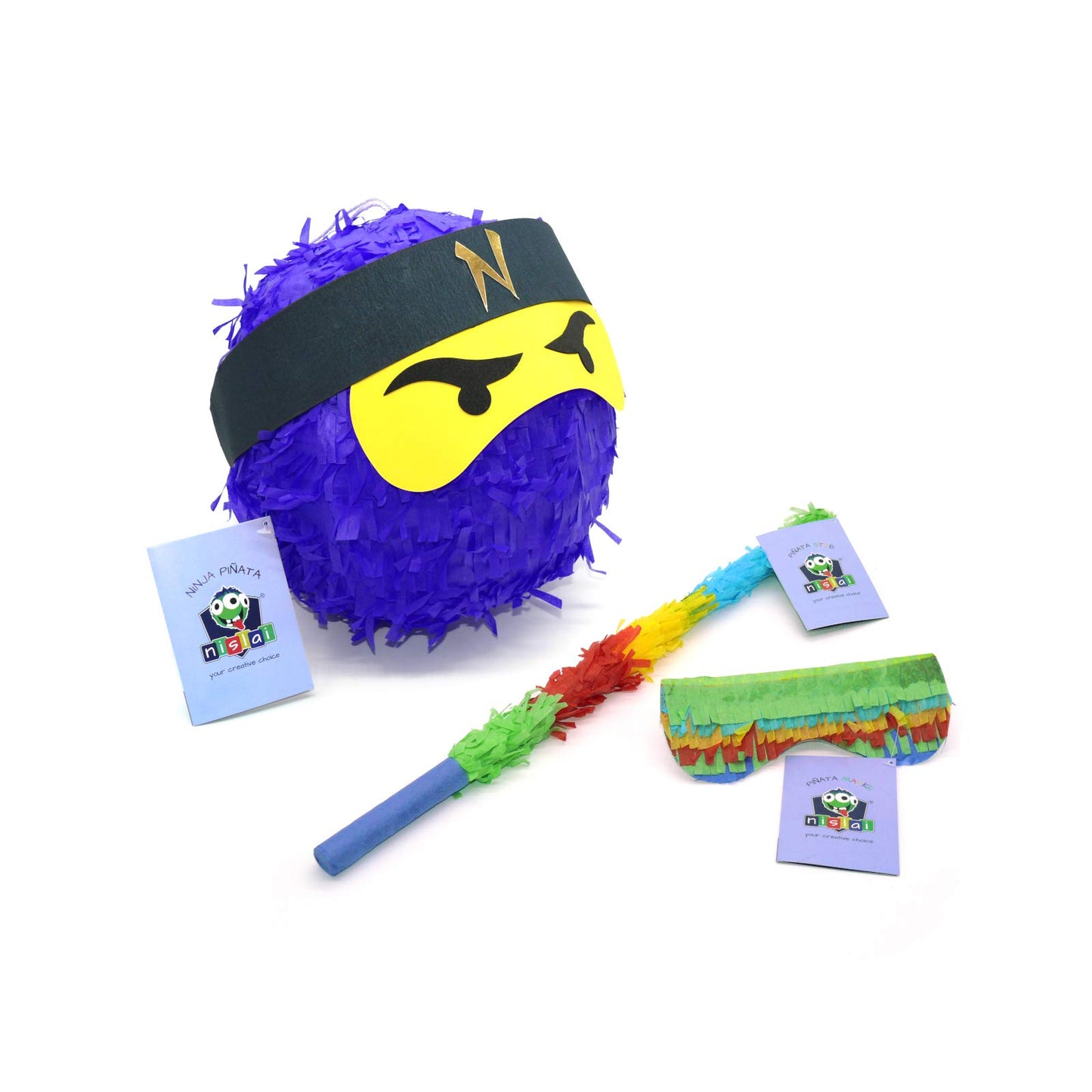 Ninja-Piñata-Set mit Stock und Maske, Grün, Blau, Rot, Schwarz