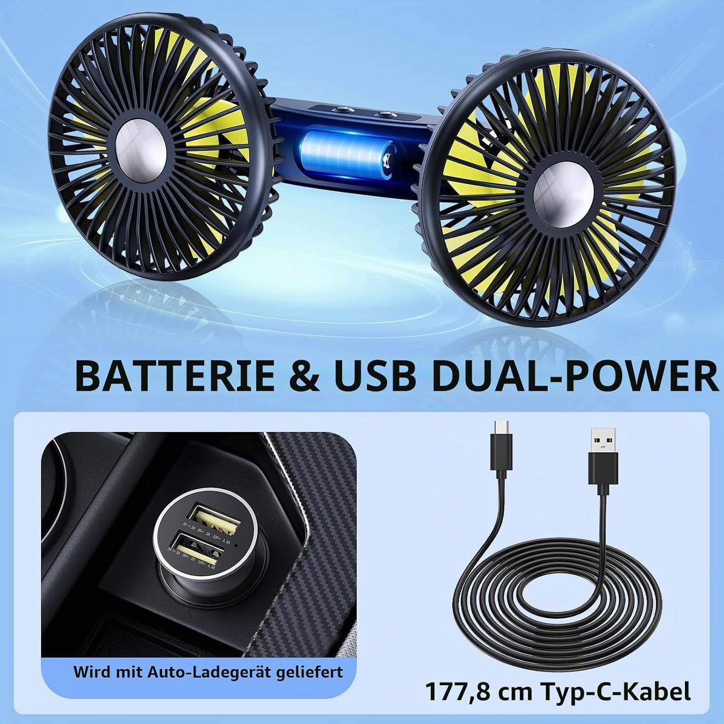 Auto-Rücksitzventilator mit einziehbarem Arm, 2000 mAh