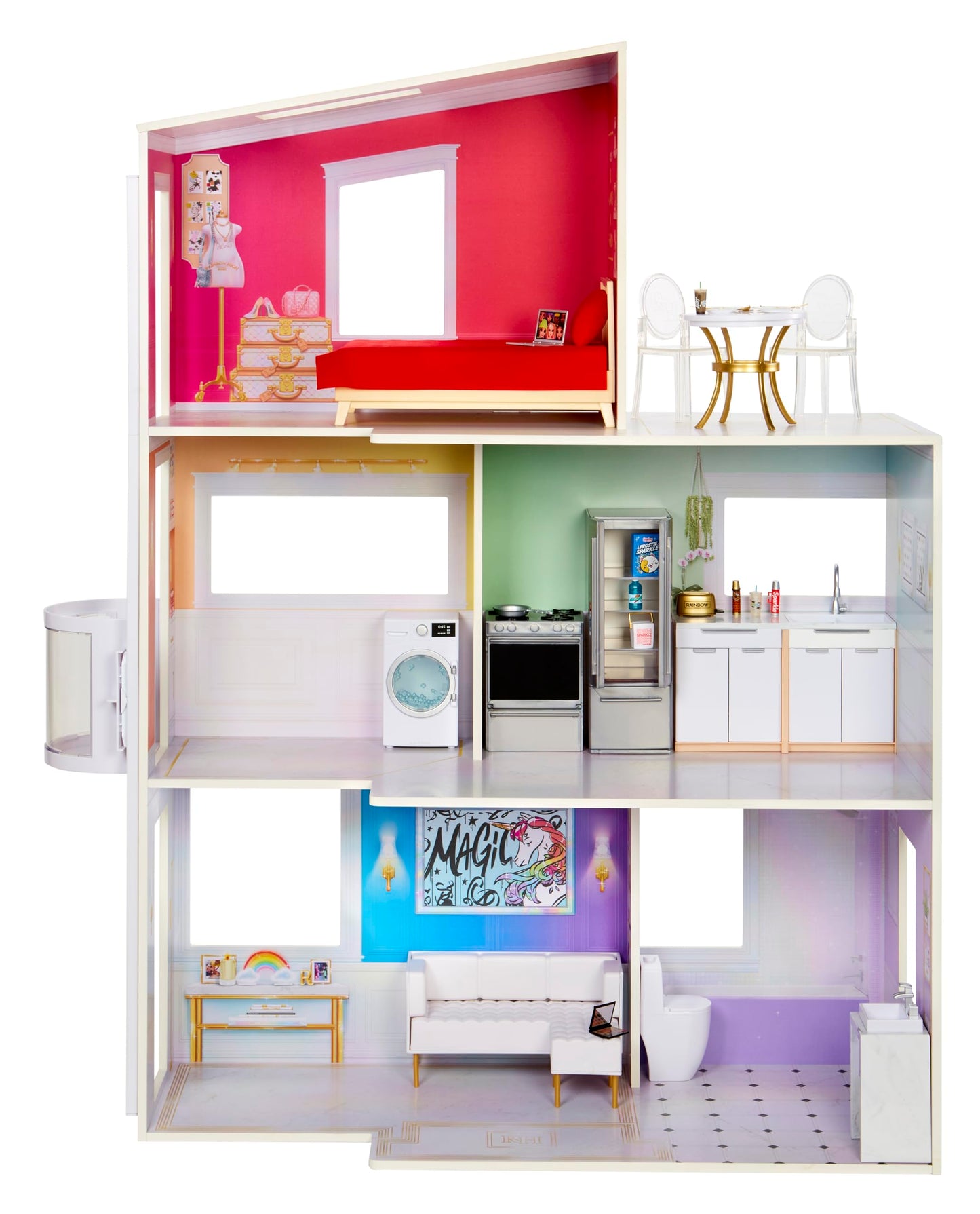 3-stöckiges Holzpuppenhaus mit Lift, 2023 Rainbow High Townhouse