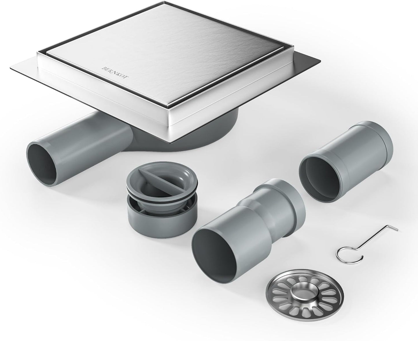 Quadratische Duschrinne mit Siphon und Haarsieb, Silber 15cm