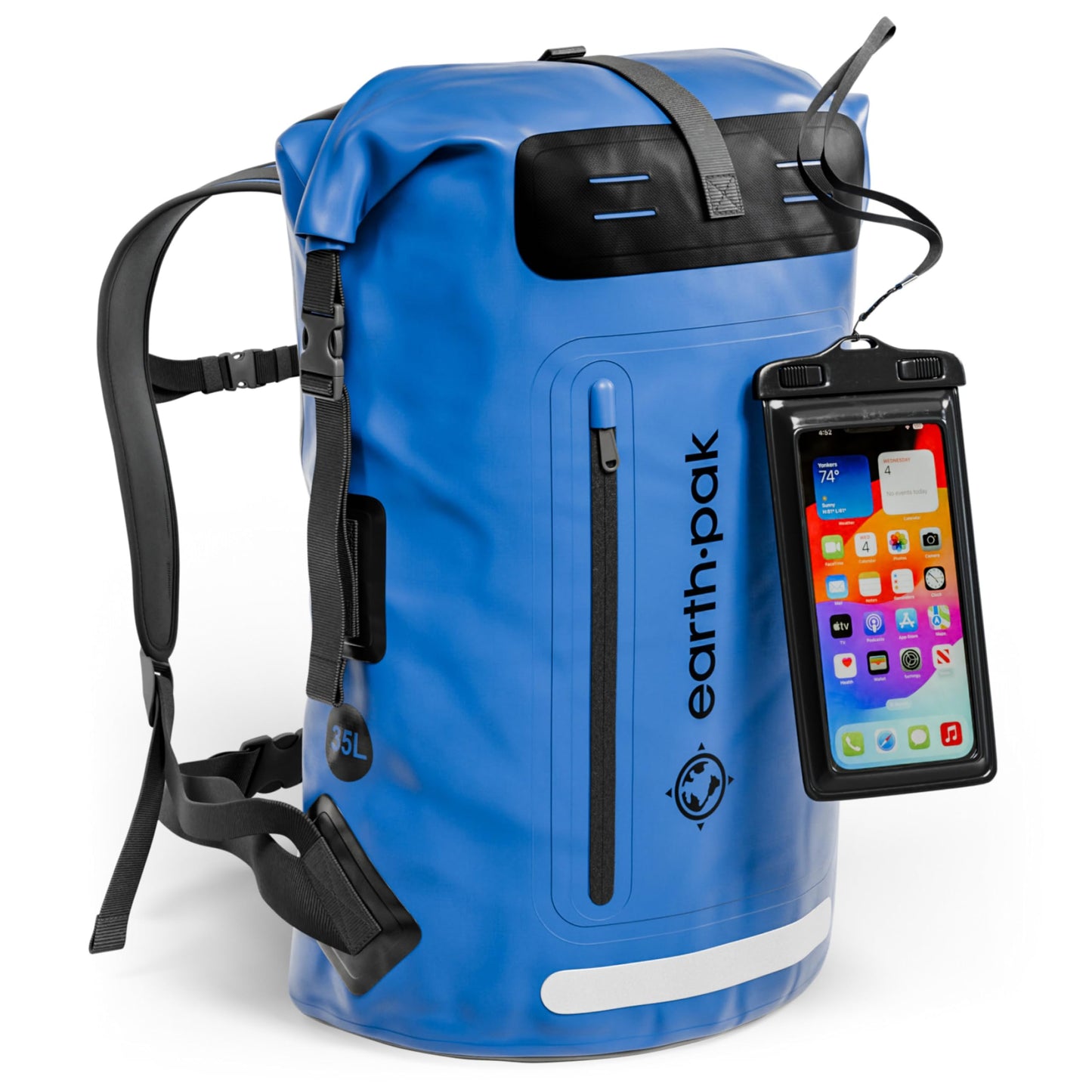Wasserdichter Rucksack mit Rollverschluss und Handyhülle, 55L Blau