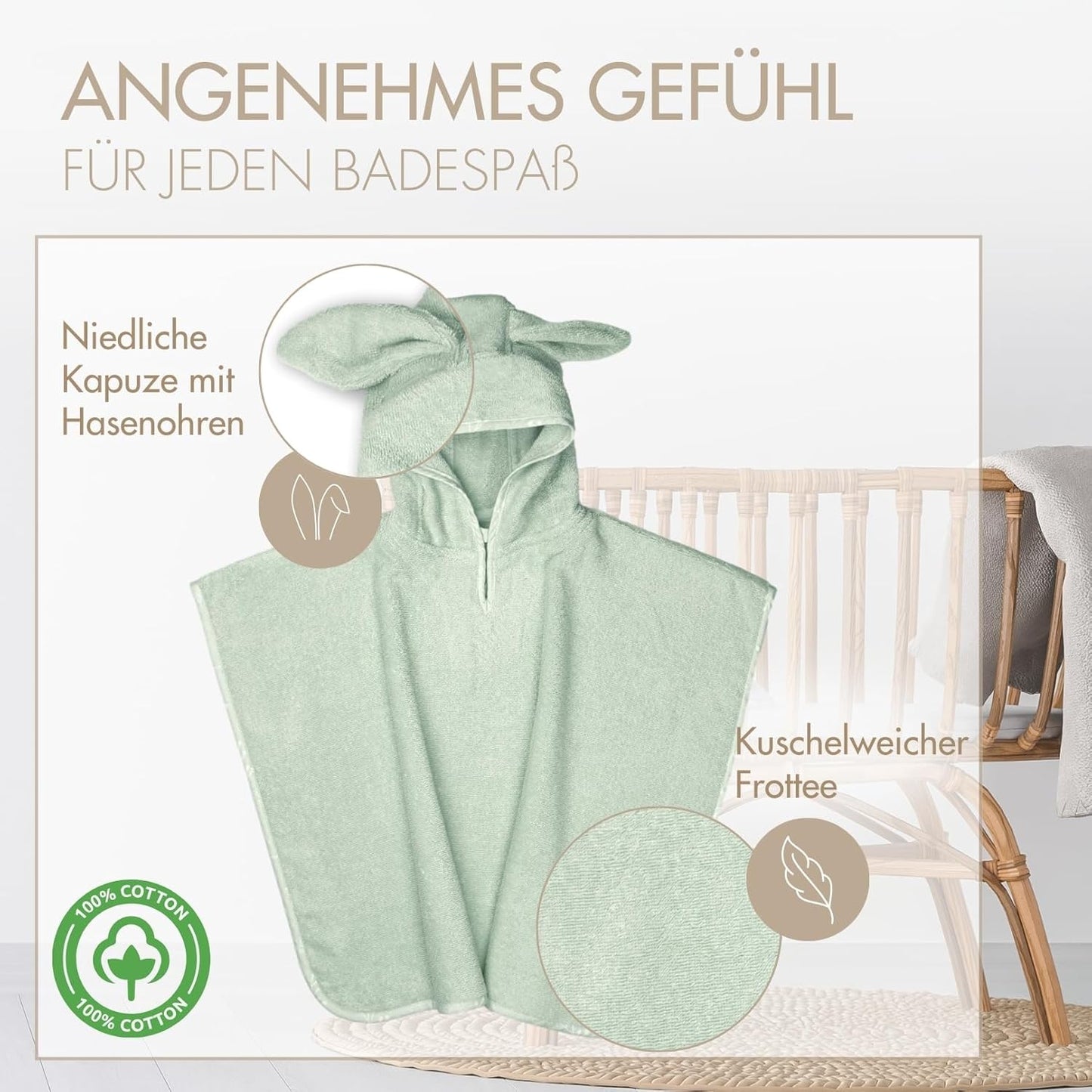 Badeponcho mit Hasenohren für Kinder, Mint Hasenohren