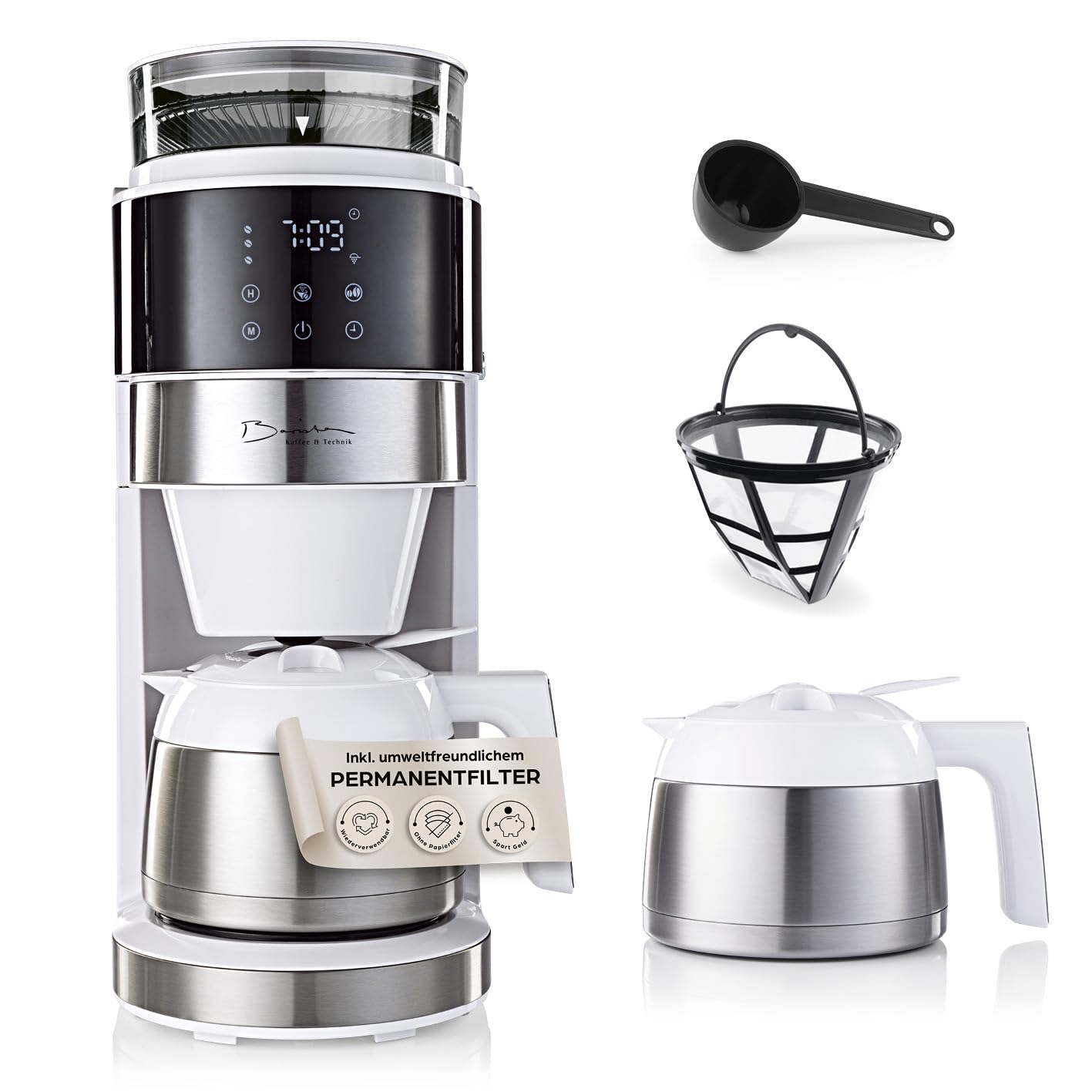 Kaffeemaschine mit Touch-Display, 9) Weiss (Pro Design) - Thermokanne - mit Mahlwerk