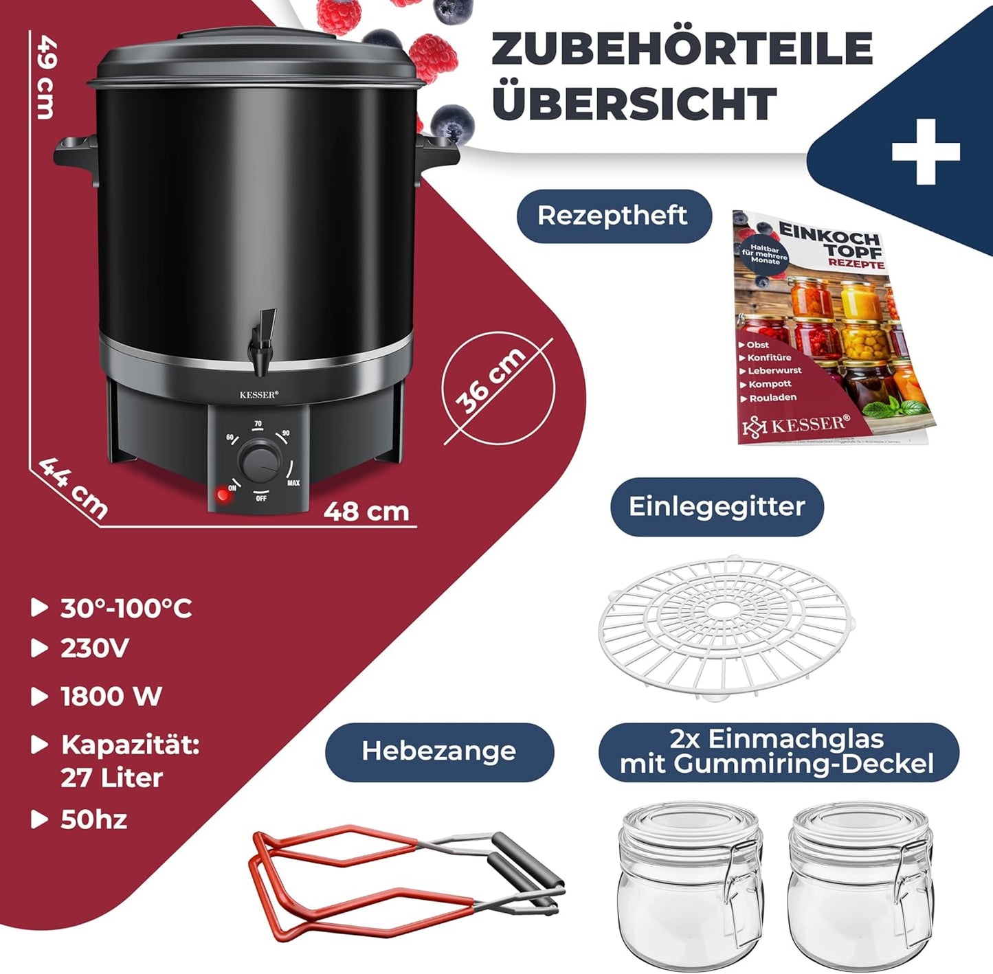 Einkochautomat mit Temperaturregelung und Zubehörset, 27 Liter Schwarz