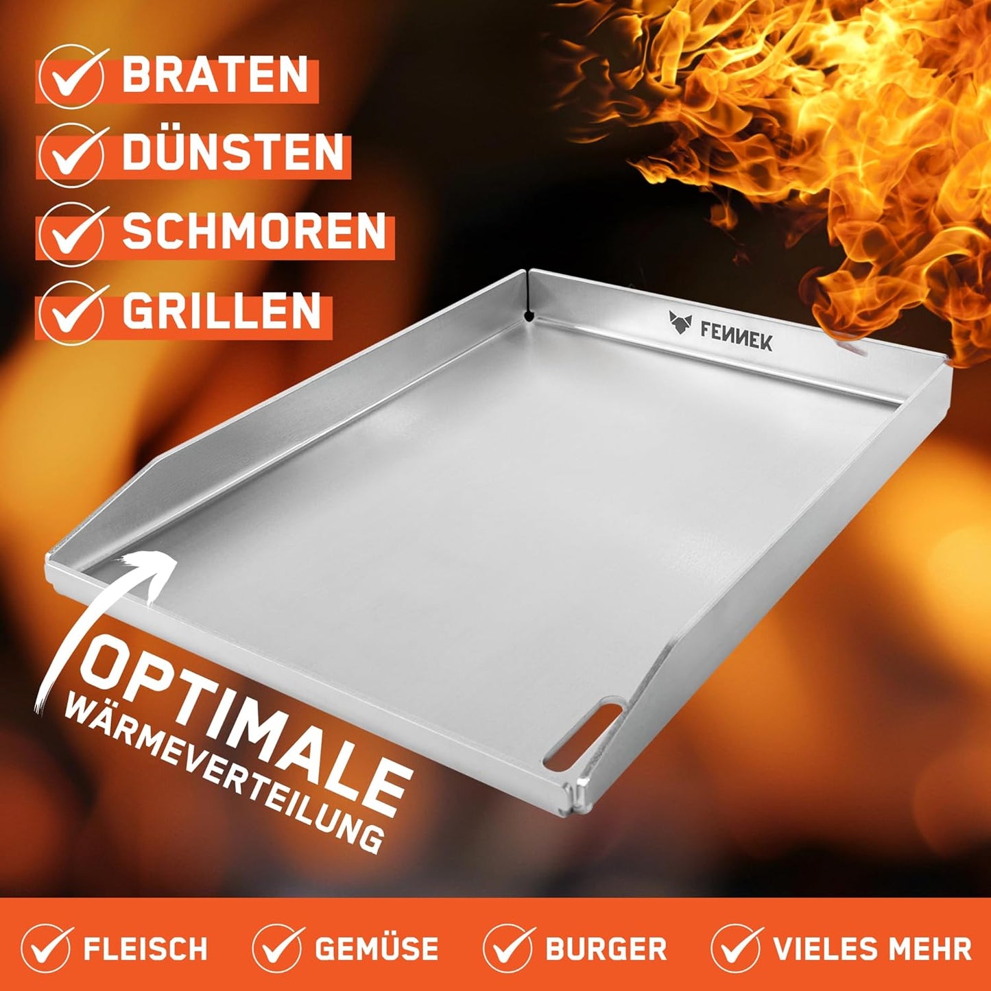 Teppanyaki Grillplatte mit Ablaufloch, FENNEK Plancha 40 x 30 cm mit Vorderkante