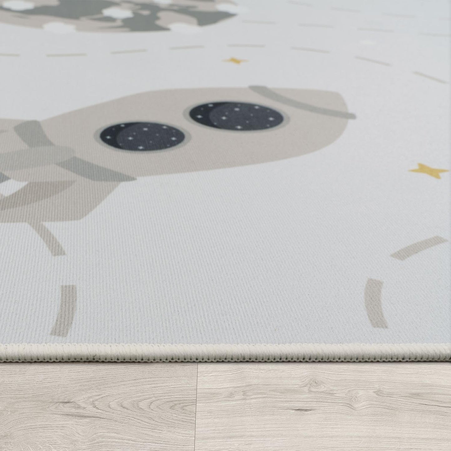 Rutschfester Kinderteppich mit Planeten Sterne Raketen, 80 x 150 cm Beige Braun Gelb