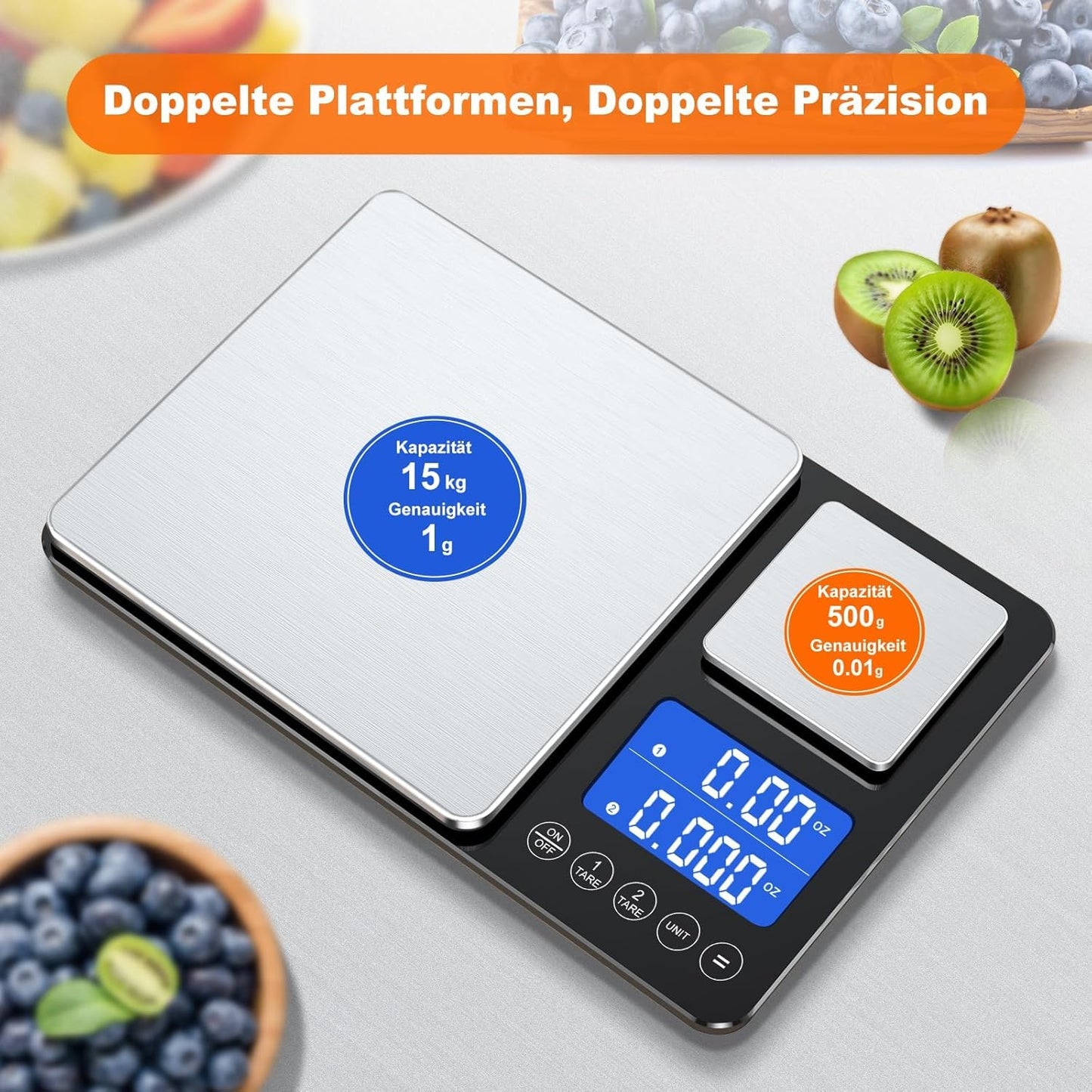 Digitale Küchenwaage mit Doppelplattformen & Feinwaage, schwarz-3
