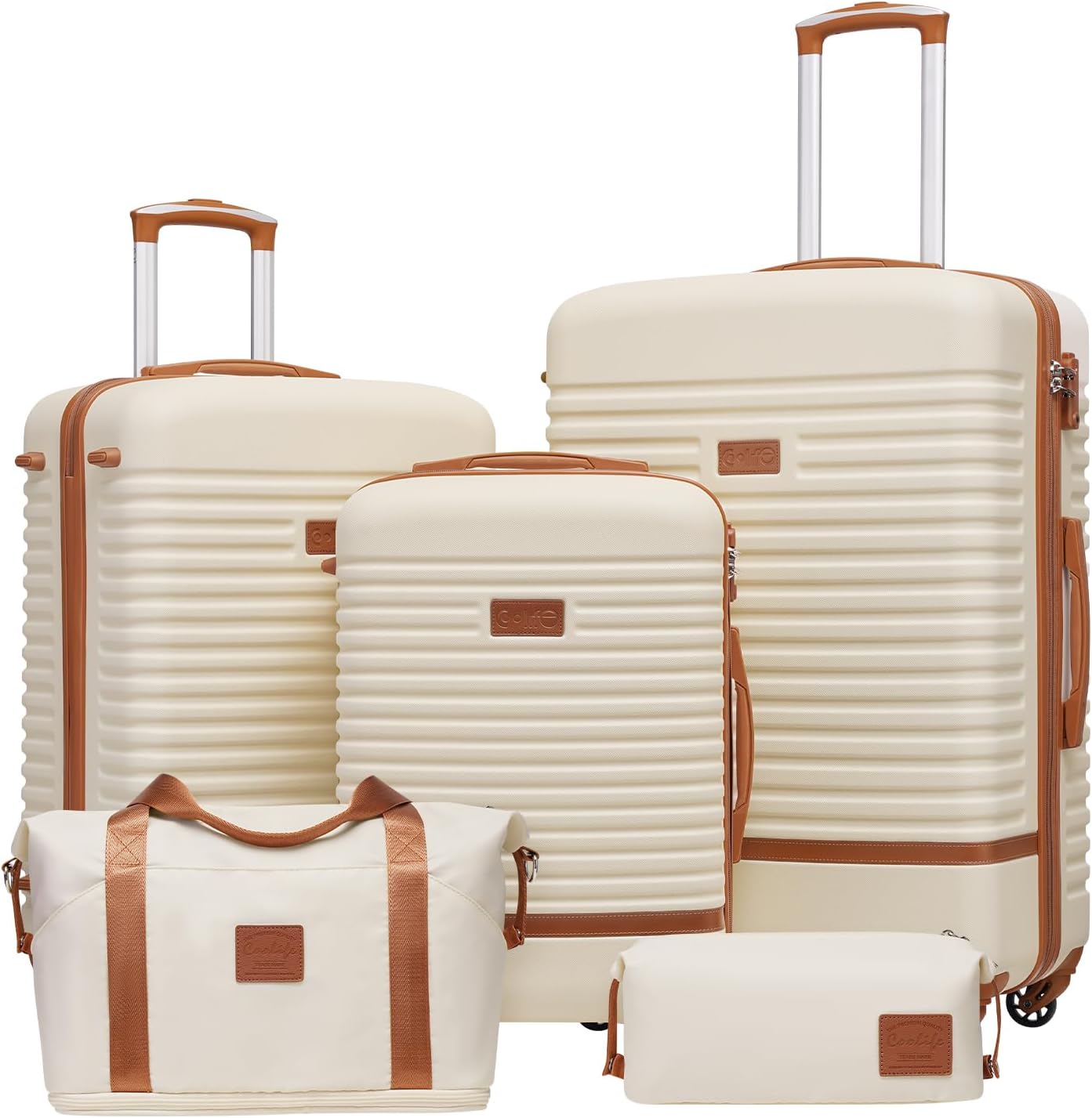 Hartschalen-Kofferset mit 360° Rädern (5-tlg), Weiß/Braun Koffer-Set 5tlg