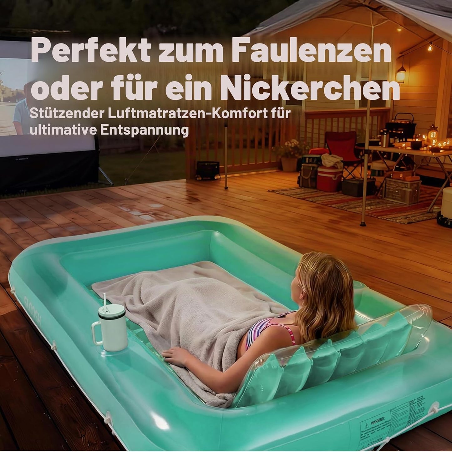 Aufblasbarer Sonnenpool mit abnehmbarem Kissen und Getränkehalter, Cyan L