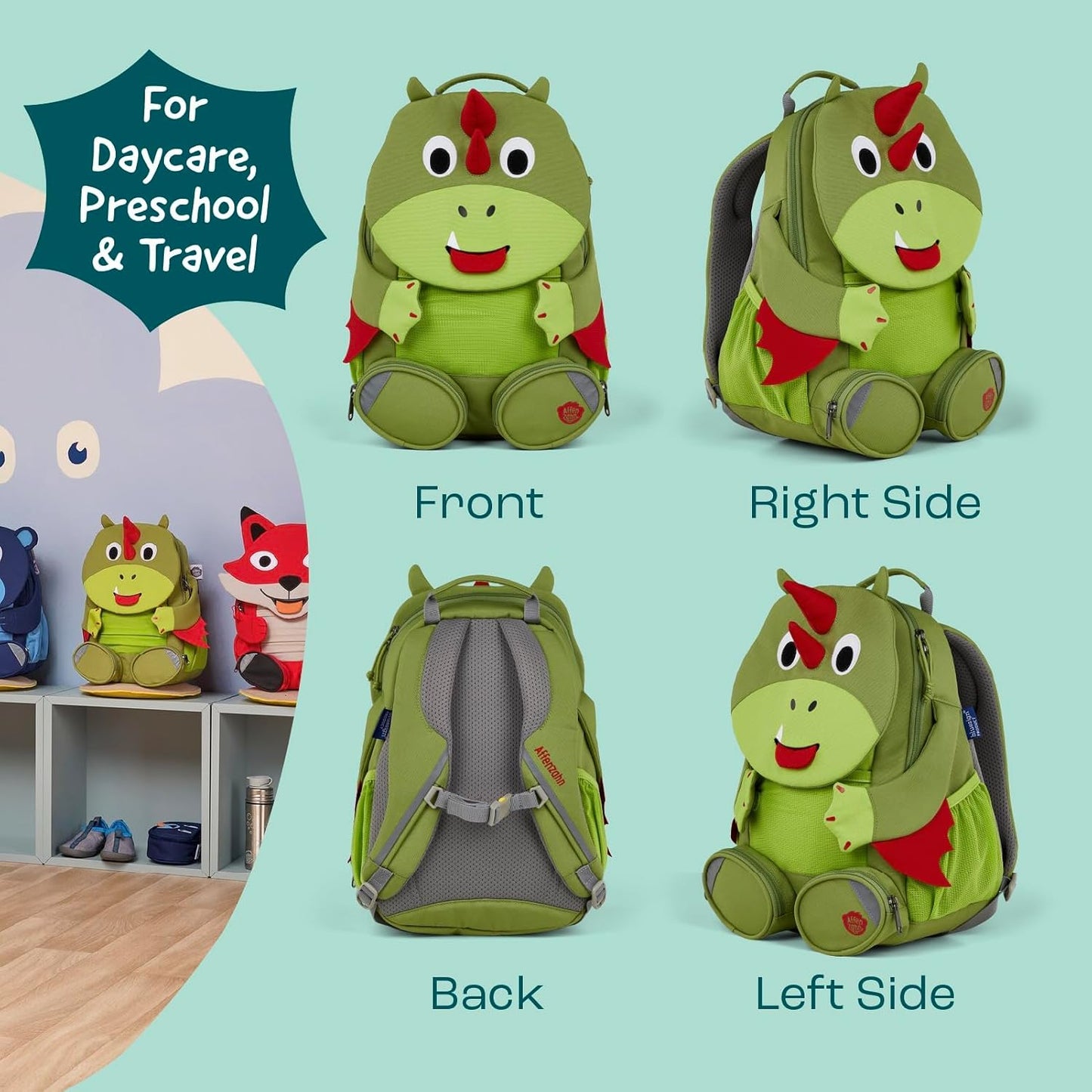 Kindergartenrucksack Grosser Freund, 8 L Drache - Grün