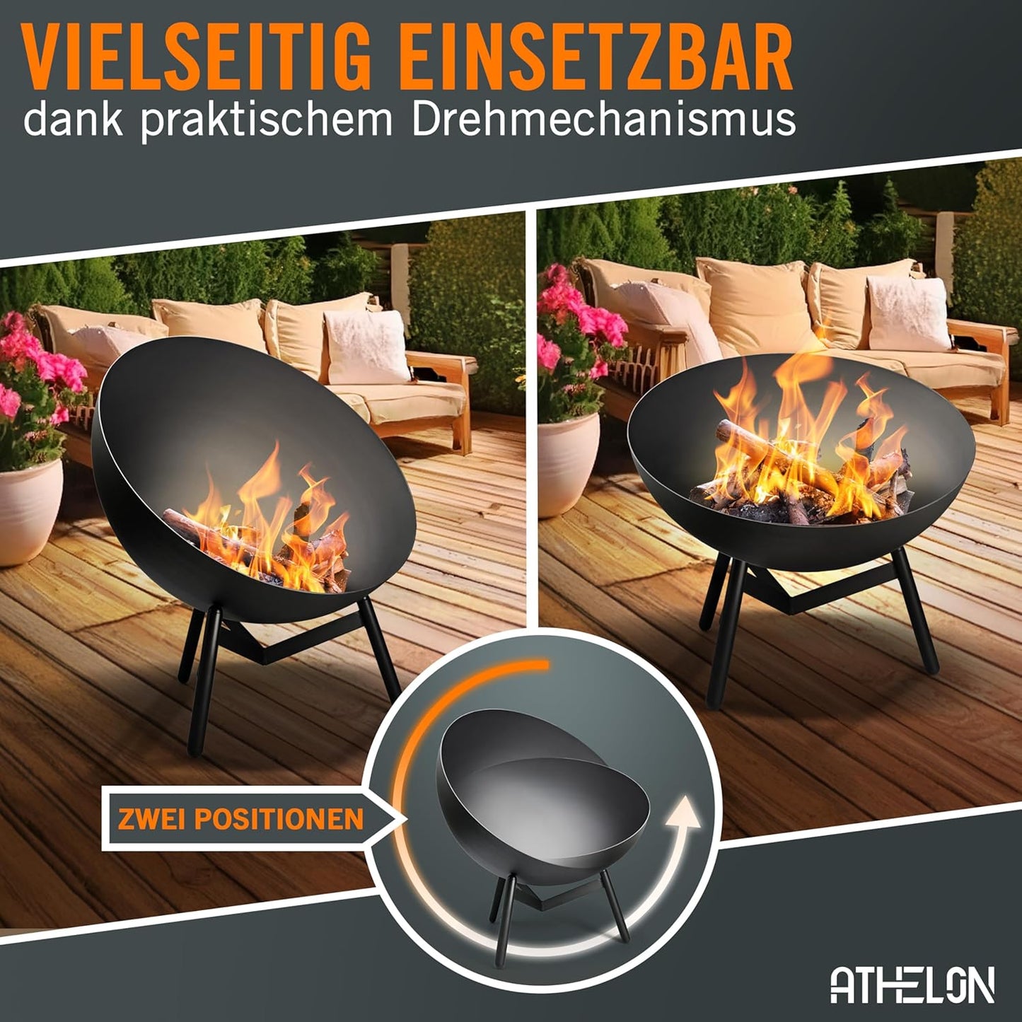 Feuerschale mit Kipp-Mechanismus, Schwarz