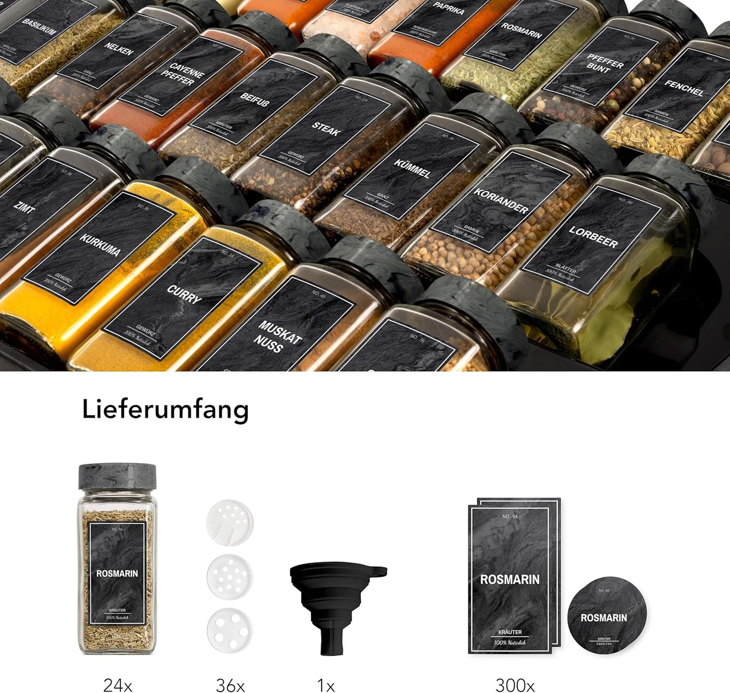 24-teiliges Gewürzgläser-Set mit Etiketten, Midnight Marble