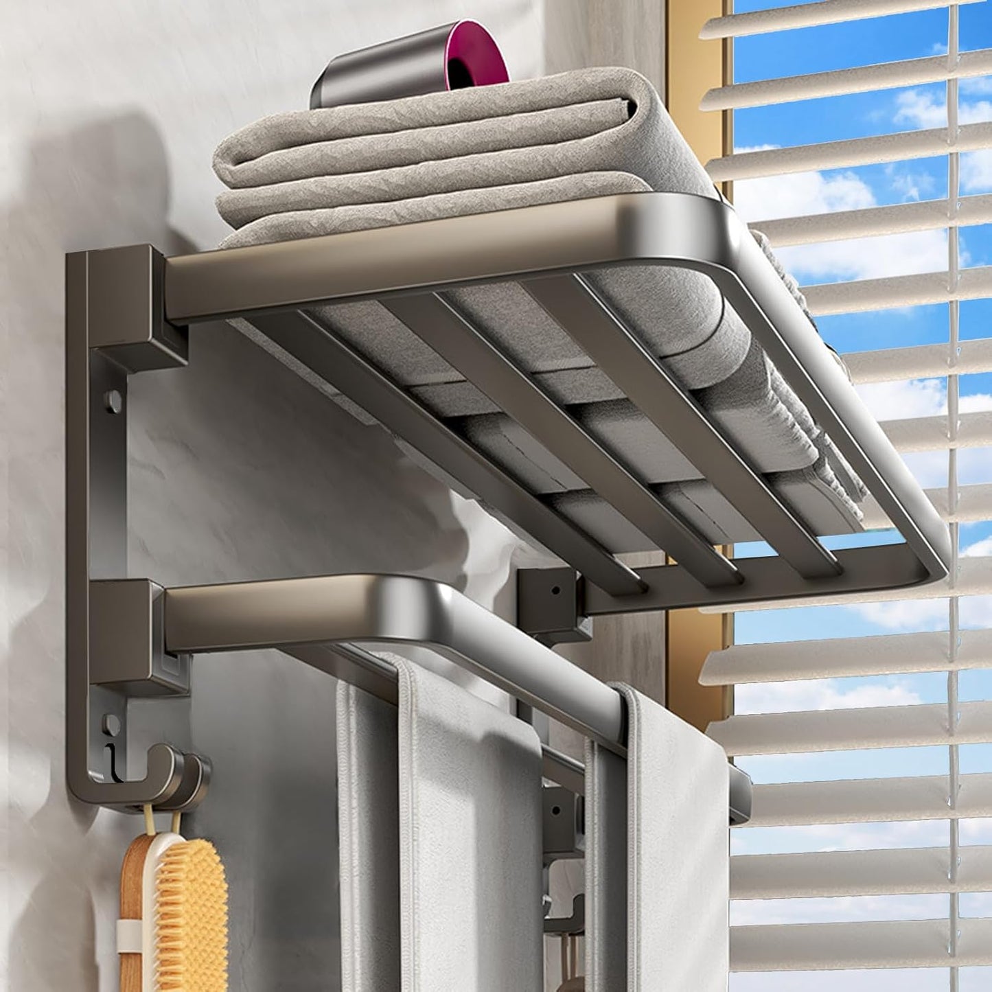 Handtuchhalter ohne Bohren mit klappbaren Stangen, Grau 520.0 Gramm