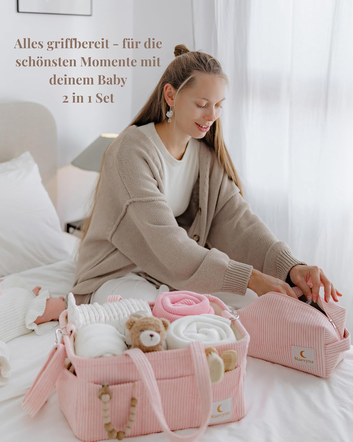 2-in-1 Wickelkorb Organizer mit Schultergurt und Windeltasche, Puderrosa