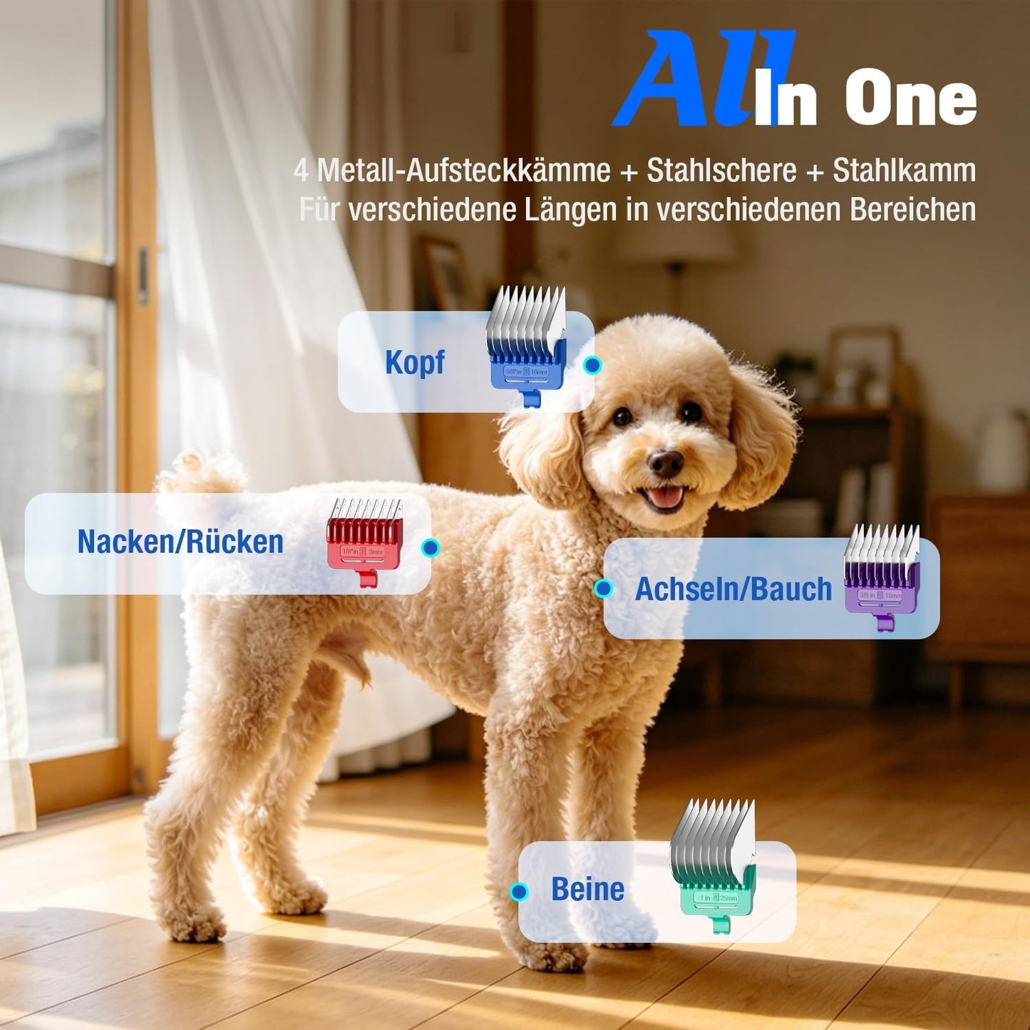 Hundeschermaschine mit Ersatzklinge und Aufsteckkämmen, Silber