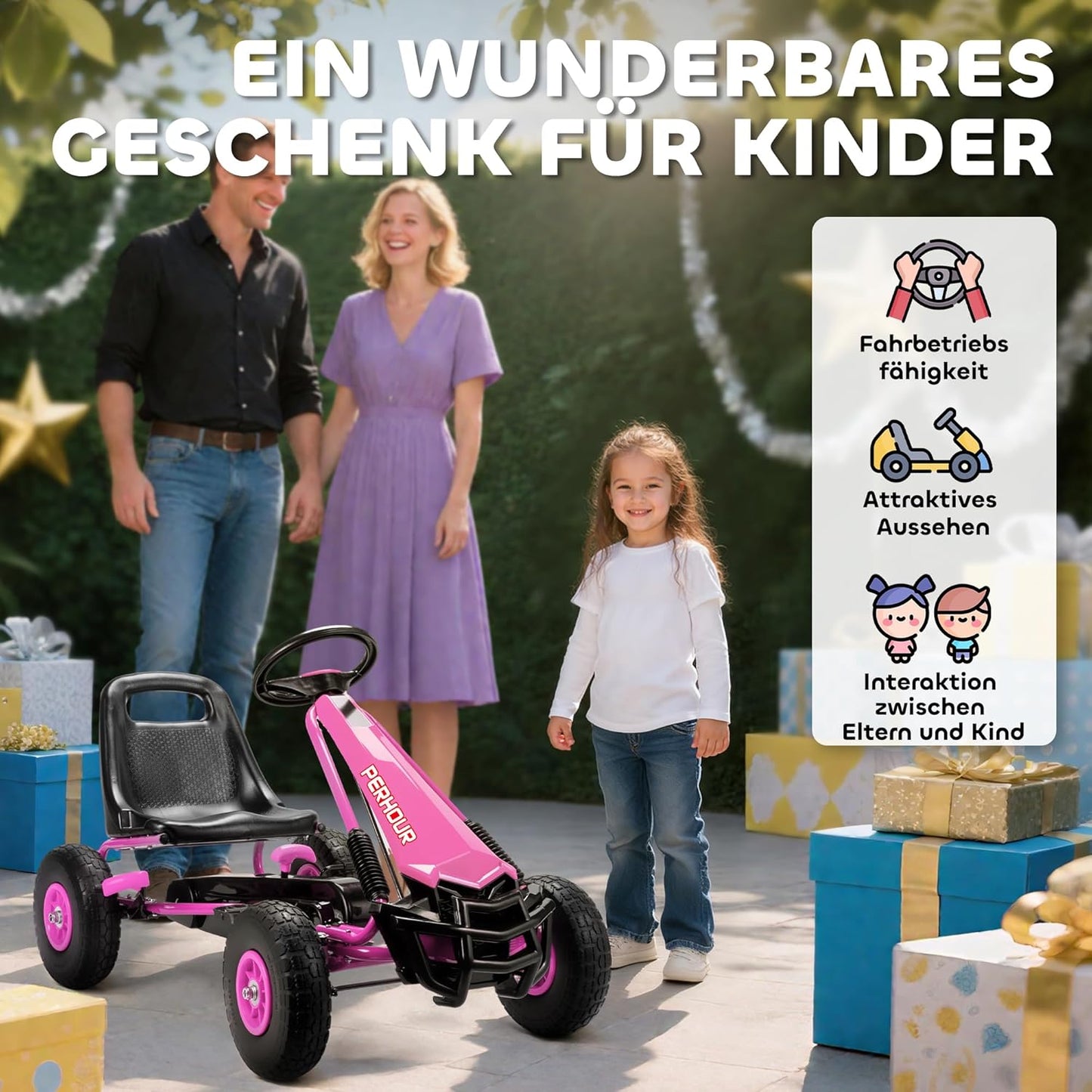Kinder-Gokart mit verstellbarem Sitz und Handbremse, Rosa
